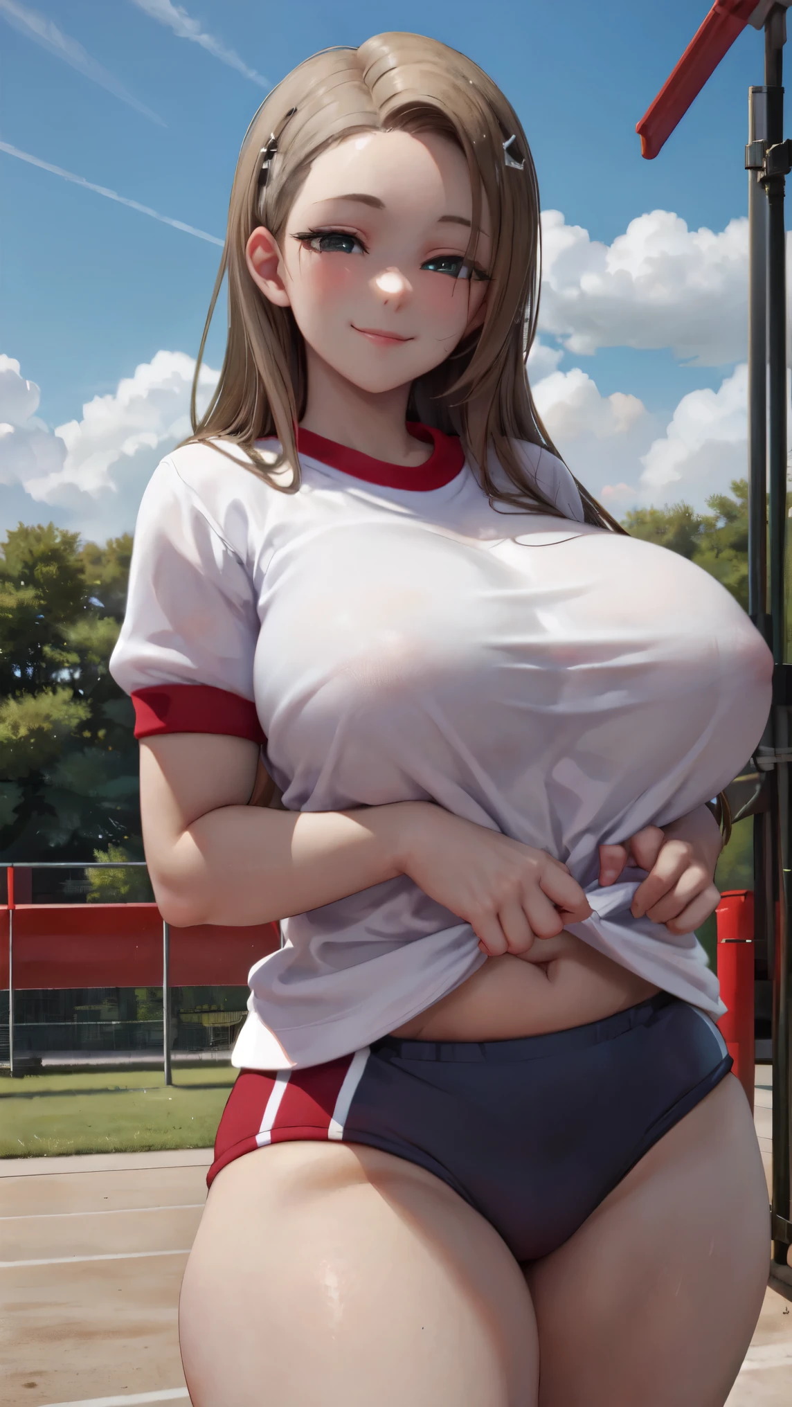 sagging breasts,mature female,smile,huge breasts, gigantic breasts,long breasts, (((face focus))),cowboy shot,solo,seductive smile,forehead,bare forehead,black hair, gym uniform,school playground,,masterpiece, best quality, 8k, detailed skin texture, detailed cloth texture, intricate details, ultra detailed