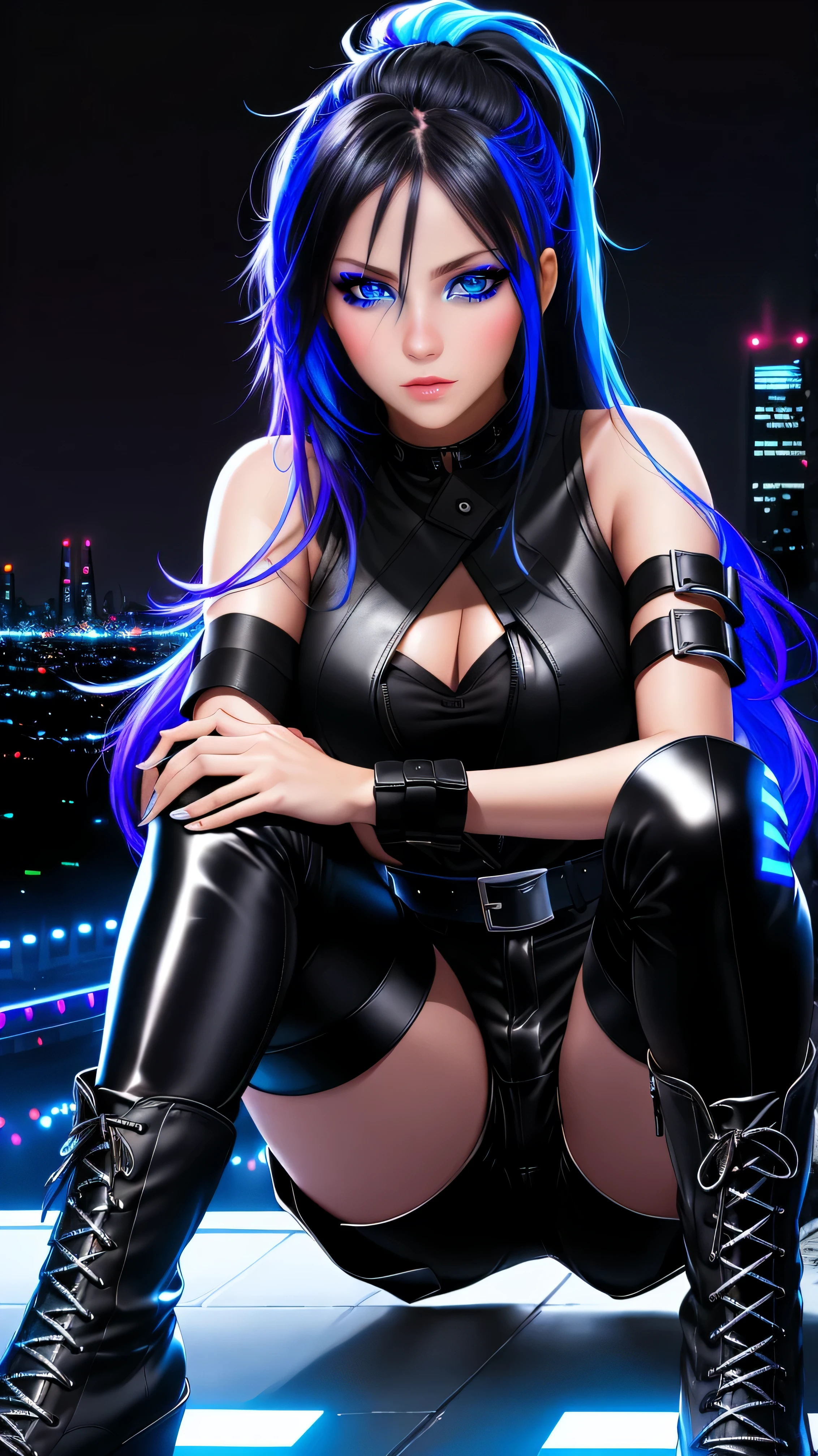 beautiful girl, full body, bright blue neon streaked dishevelled hair, ((large light realistic detailed eyes:1.3)), ((seductive pose:1.5)), black eyeshadow, (street style wear:1.2), ((tight fitted short pants)), ((thigh high leather boots:1.3)), ((dark city night black background:1.4)), dark makeup, digital art, trending on artstation, highly detailed, fine detail, intricate, beautiful detailed glow, detailed, Cinematic light, high-res, detailed facial features, sharp focus, smooth, aesthetic,