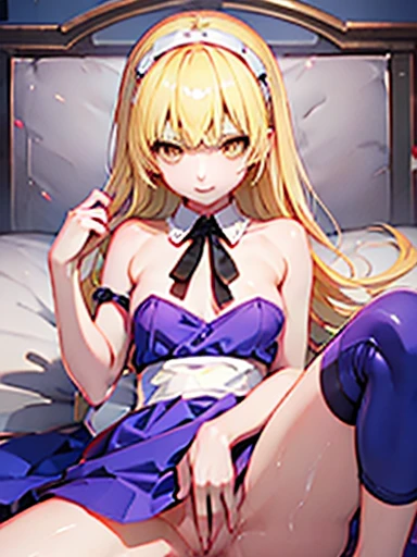 nsfw,Sleep in bed、lie down、On your back、open your legs、vaginal ejaculation、It&#39;s inside、dripping、vaginal ＿Large amount、Hand up、Holding a pillow、Alice、美girl、girl、delicate、beautiful, whole body, smile, smile alicesmt, dress, long hair, blonde hair, hair band, dull bangs, puffy sleeves, blue dress, yellow eyes