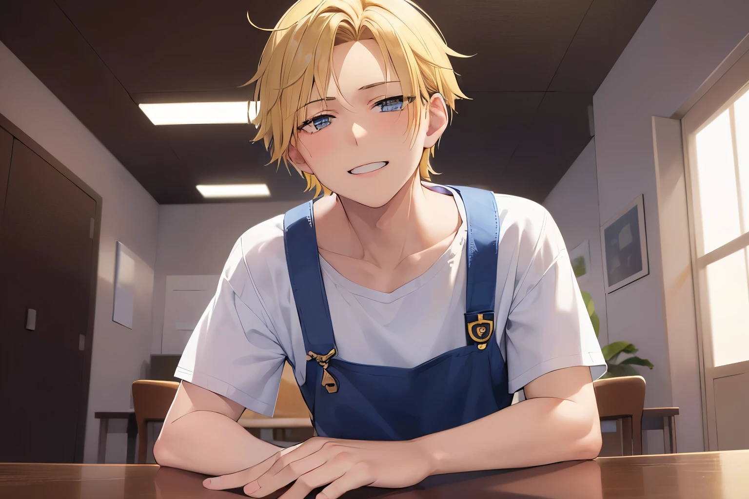 Crossing arms, scowl, grin, jitome, dutch angle, masterpiece、high quality、(25 year old man with short blonde hair and blonde eyes:1.5)、white t-shirt、(Wearing a blue apron:1.5)、The background is a conference room、Alone、bold composition