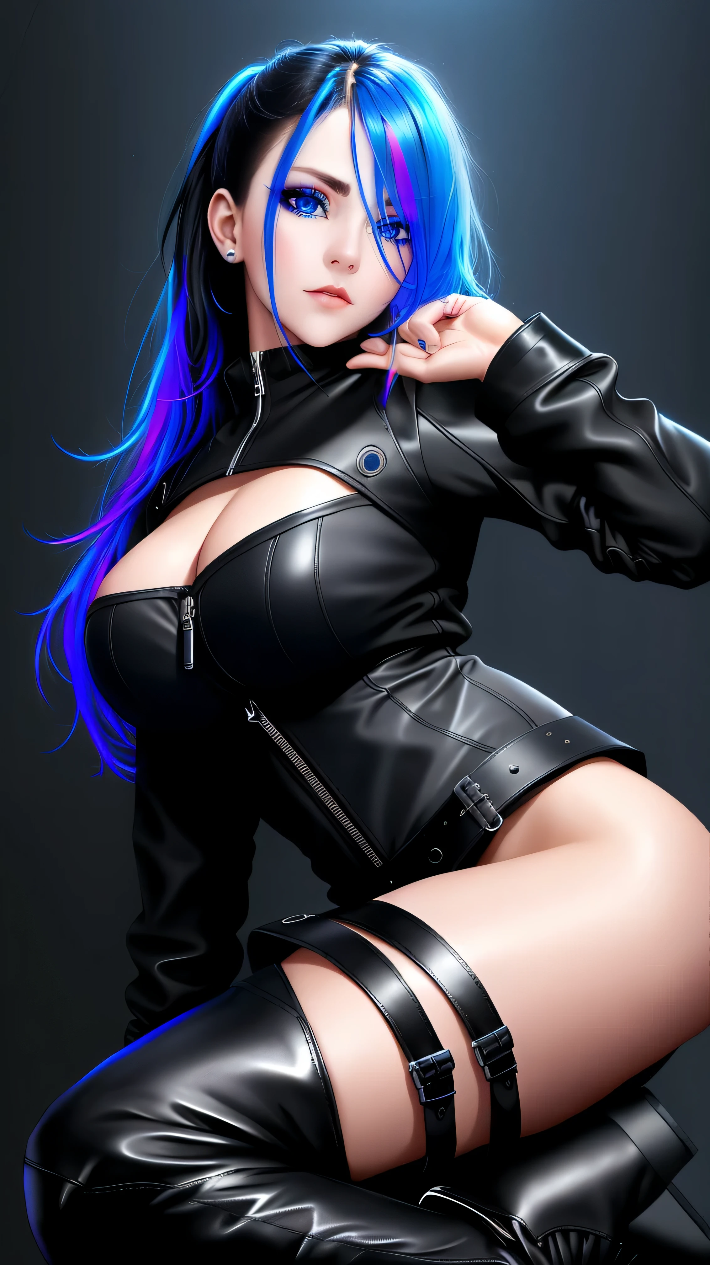 beautiful girl, full body, bright blue neon streaked dishevelled hair, ((large light realistic detailed eyes:1.3)), ((seductive pose:1.5)), black eyeshadow, (street style wear:1.2), ((tight fitted short skirt)), ((thigh high leather boots:1.3)),  ((dark plain black background:1.4)), dark makeup, digital art, trending on artstation, highly detailed, fine detail, intricate, beautiful detailed glow, detailed, Cinematic light, high-res, detailed facial features, sharp focus, smooth, aesthetic,