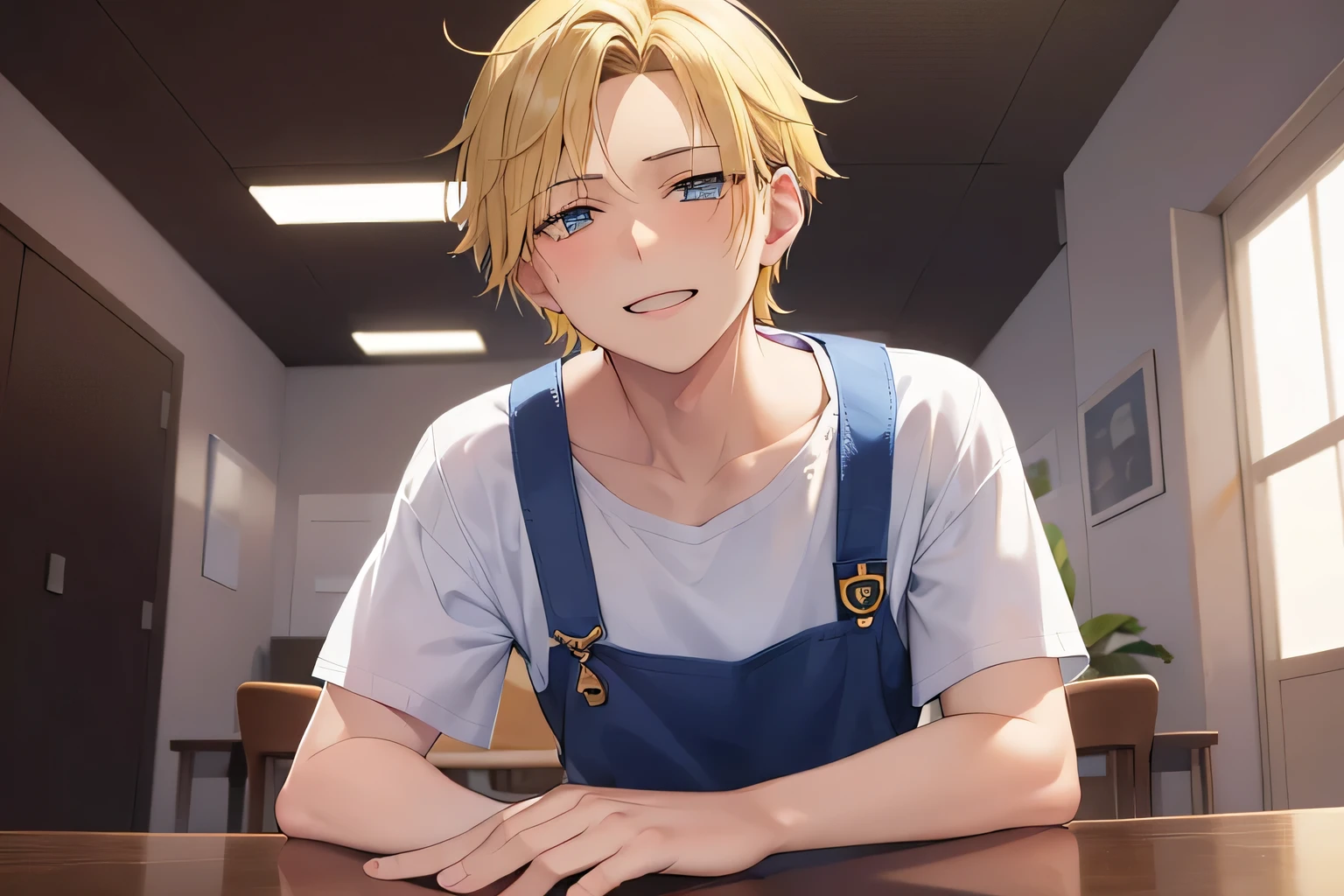 Crossing arms, scowl, grin, jitome, dutch angle, masterpiece、high quality、(25 year old man with short blonde hair and blonde eyes:1.5)、white t-shirt、(Wearing a blue apron:1.5)、The background is a conference room、Alone、bold composition