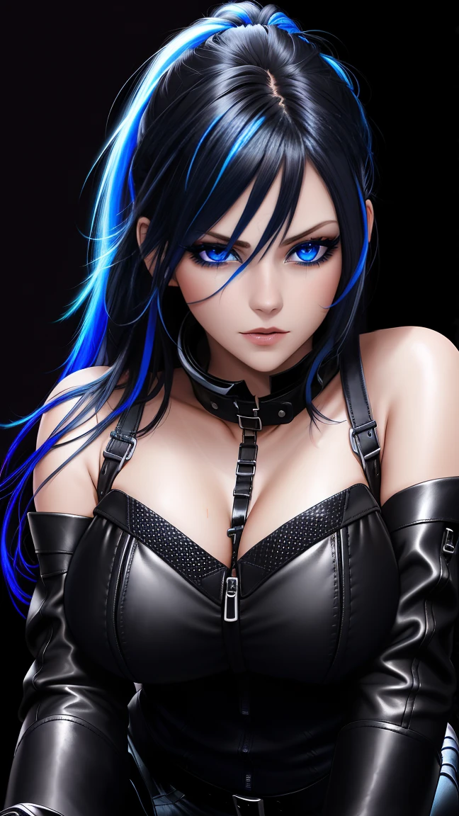 beautiful girl, full body, bright blue neon streaked dishevelled hair, ((large light realistic detailed eyes:1.3)), ((seductive pose:1.5)), black eyeshadow, (street style wear:1.2), ((tight fitted trousers)), ((thigh high leather boots:1.3)),  ((dark plain black background:1.4)), dark makeup, digital art, trending on artstation, highly detailed, fine detail, intricate, beautiful detailed glow, detailed, Cinematic light, high-res, detailed facial features, sharp focus, smooth, aesthetic,