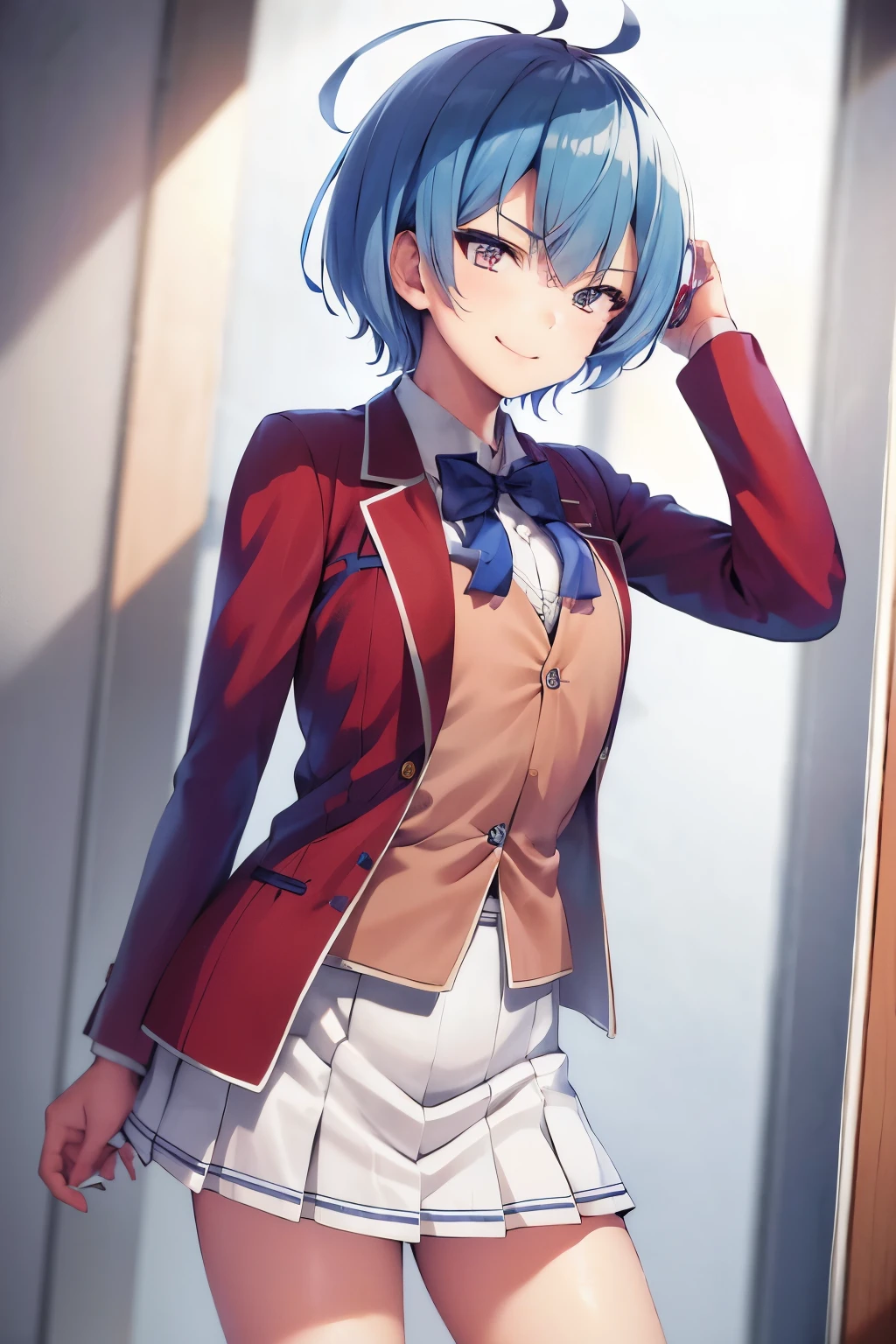 masterpiece, best quality, highres, 1girl ibuki mio short hair blue hair, white skirt red jacket open jacket smile, standing, indoors, from behind