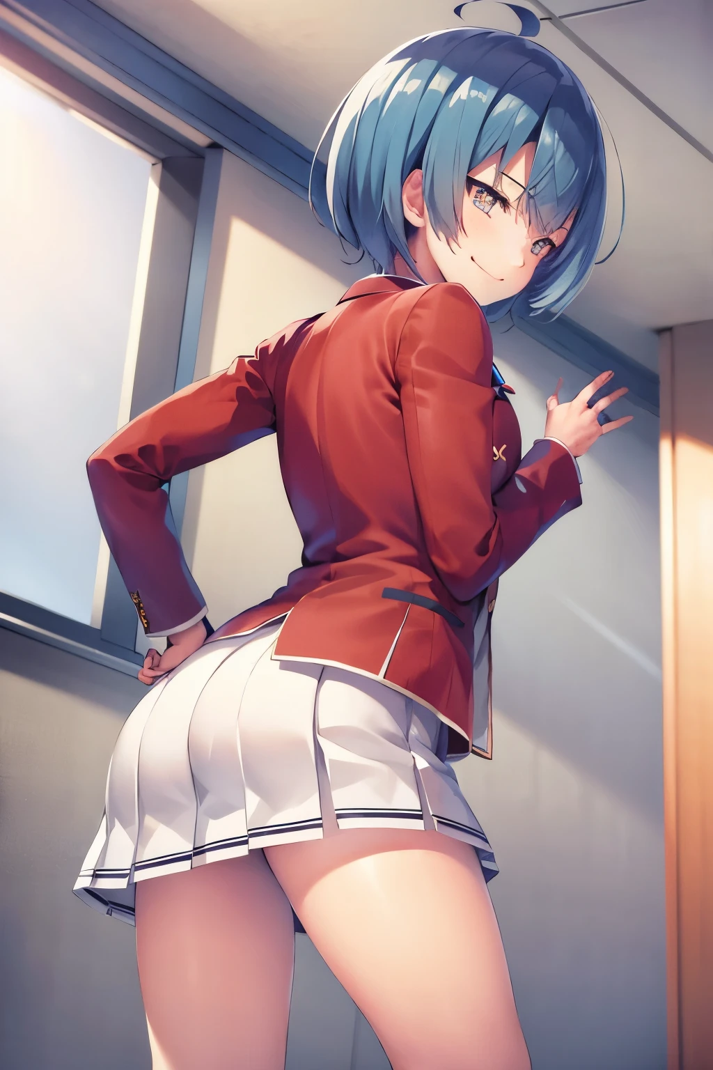 masterpiece, best quality, highres, 1girl ibuki mio short hair blue hair, white skirt red jacket open jacket smile, standing, indoors, from behind