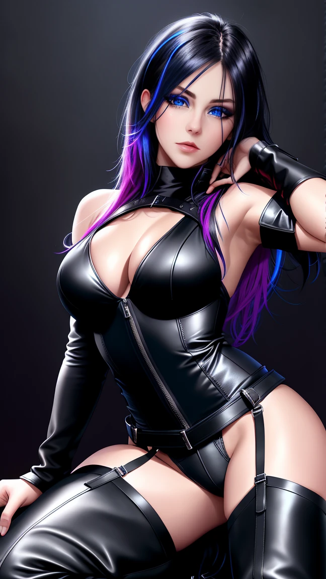 beautiful girl, full body, bright blue neon streaked dishevelled hair, ((large light realistic detailed eyes:1.3)), ((seductive pose:1.5)), black eyeshadow, (street style wear:1.2), ((tight fitted panties)), ((thigh high leather boots:1.3)), ((dark plain black background:1.4)), dark makeup, digital art, trending on artstation, highly detailed, fine detail, intricate, beautiful detailed glow, detailed, Cinematic light, high-res, detailed facial features, sharp focus, smooth, aesthetic,