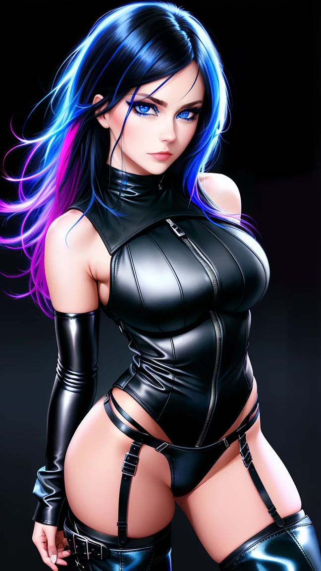 beautiful girl, full body, bright blue neon streaked dishevelled hair, ((large light realistic detailed eyes:1.3)), ((seductive pose:1.5)), black eyeshadow, (street style wear:1.2), ((tight fitted panties)), ((thigh high leather boots:1.3)),  ((dark plain black background:1.4)), dark makeup, digital art, trending on artstation, highly detailed, fine detail, intricate, beautiful detailed glow, detailed, Cinematic light, high-res, detailed facial features, sharp focus, smooth, aesthetic,