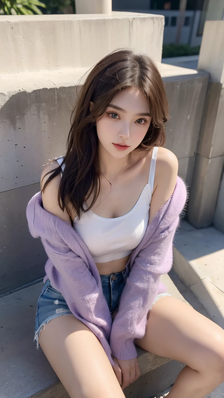 individual，young girl，23 years old, （（winter clothes）），fine hair, Detailed faces, full的身材，long hair，full, Short hair details, sit down，Purple short hot pants, Camisoles，Look up
