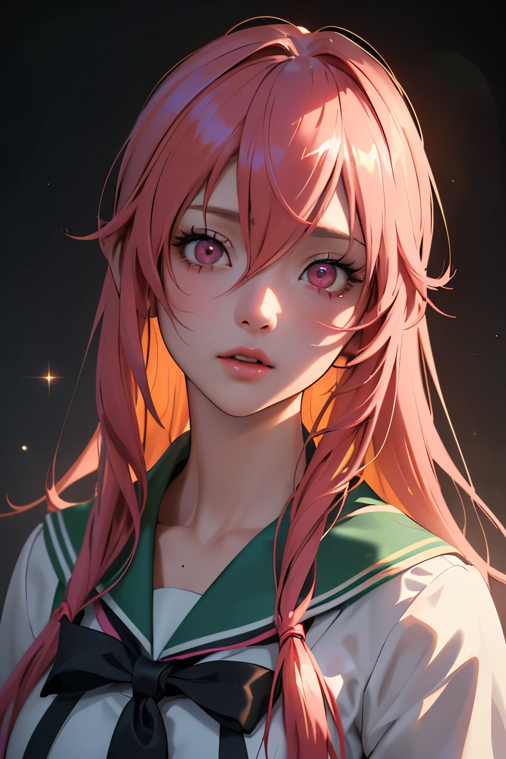 (((1girl))), (((Waifu, Mirai Nikki, Yuno Gasai Waifu))), (((Hot Pink Hair, Long Hair))), ((Blood Red Eyes eyes:1.3, Upturned Eyes: 1, Perfect Eyes, Beautiful Detailed Eyes, Gradient eyes: 1, Finely Detailed Beautiful Eyes: 1, Symmetrical Eyes: 1, Big Highlight On Eyes: 1.2)), (((Lustrous Skin: 1.5, Bright Skin: 1.5, Skin Fair, Shiny Skin, Very Shiny Skin, Shiny Body, Plastic Glitter Skin, Exaggerated Shiny Skin, Illuminated Skin))), (Detailed Body, (Detailed Face)), (Best Quality), (((School Uniform, Green Sailor Seifuku, Bloodstained))), Yandere, High Resolution, Sharp Focus, Ultra Detailed, Extremely Detailed, Extremely High Quality Artwork, (Realistic, Photorealistic: 1.37), 8k_Wallpaper, (Extremely Detailed CG 8k), (Very Fine 8K CG), ((Hyper Super Ultra Detailed Perfect Piece)), (((Flawless Masterpiece))), Illustration, Vibrant Colors, (Intricate), High Contrast, Selective Lighting, Double Exposure, HDR (High Dynamic Range), Post-processing, Background Blur, Inky Shadows, Darker Shadows, Thick Shadows, High Quality Shadows, high detail, realistic, Cinematic Light, sidelighting, Lens Flare, Ray tracing, sharp focus,