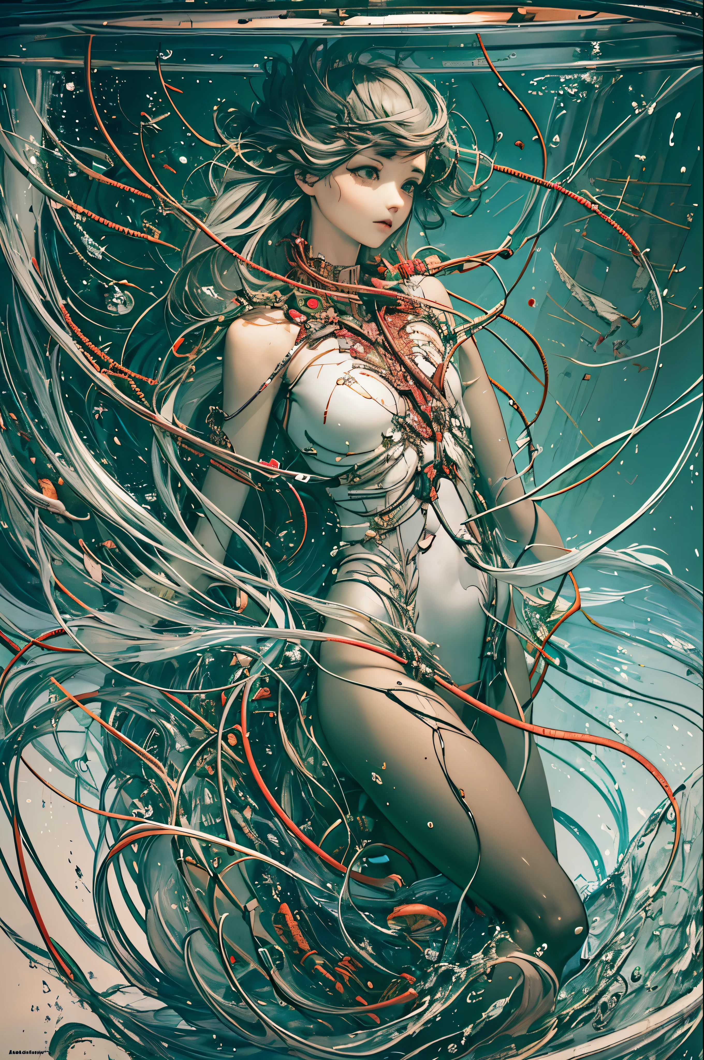 (masterpiece, highest quality, highest quality, official art, beautiful and aesthetic:1.2), very detailed,colorful,most detailed ((Super detailed)), (Detailed CG illustration), ((very delicate and beautiful)),cinematic light,
cultivation tank,1 girl, long hair, alone, underwater, very long hair, bubble, barefoot, air bubble, chest, body suit, underwater, anklet, convenient censoring, Freediving, medium chest
full body,Machine Made Joint,Blood vessels connected to tubes,mechanical spine attached to the back,Mechanical cervical vertebrae attached to the neck,Expressionless,Wires and cables connected to the neck,head wire and cable,character focus,SF,Blood,