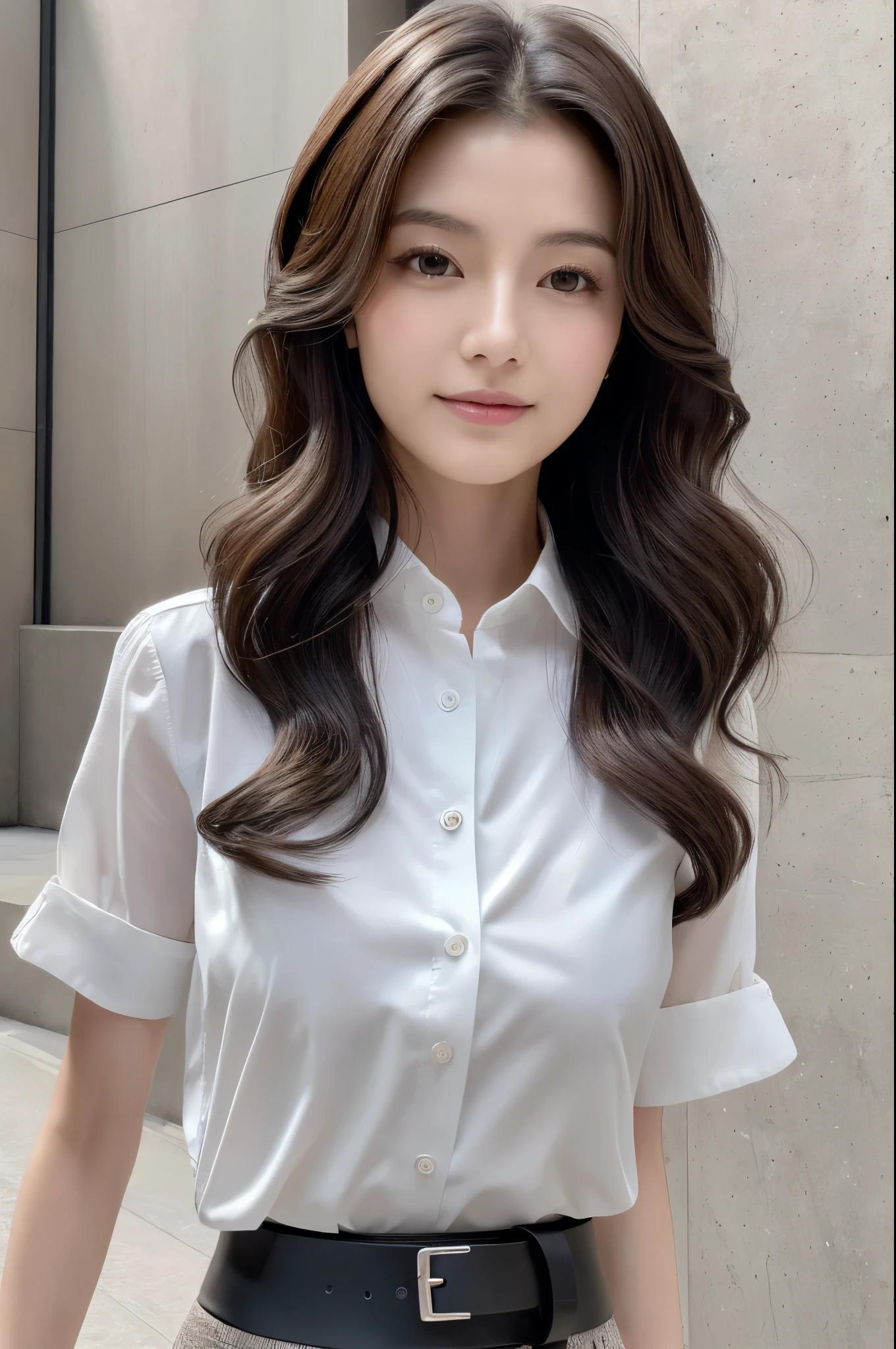 (Best quality, High resolution, Masterpiece :1.3), A skinny Japanese lady, cute face, Slender abs, Dark brown hair styled in loose waves, Small breasts, Very thin waist, Wearing pendant, White button up shirt, Belt, Black skirt, (Modern architecture in background), Details exquisitely rendered in the face and skin texture, Detailed eyes, Double eyelid