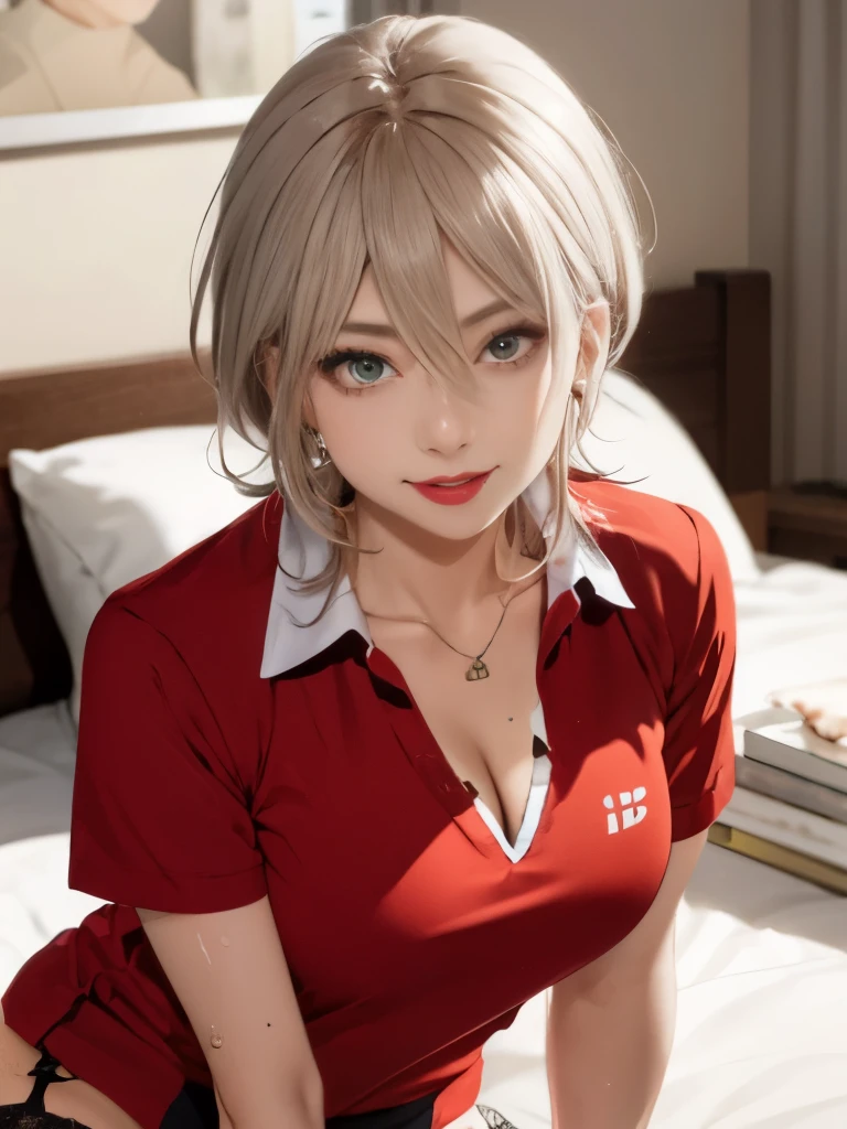 lively、25 years old、polo shirt、garter belt、smile、cleavage emphasis，sweaty face，messy hair，Breathless face，sit on the bed，While looking at this，face zoom，red lips