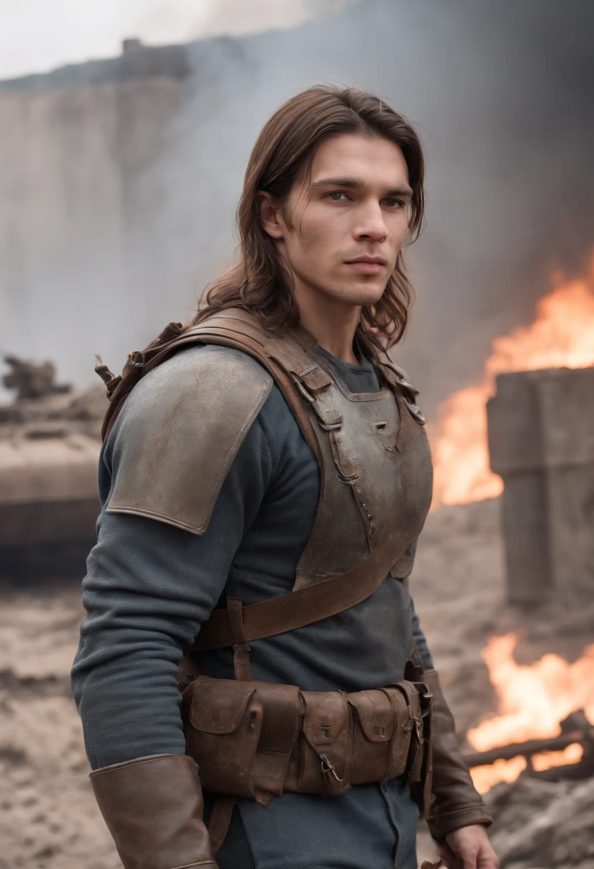brown long hair men 23 years old muscular body ,brown Dirty Long Hair, Clad in the Armor of the Future, Against the backdrop of a desolate post-apocalypse, Ruined Moscow, Ruins of the Kremlin, AR-16 rifle in hand, the wind, Dust, Destroyed buildings, Carcasses of burnt cars, Oppressive atmosphere, Dirty skies, photo realism, sharp-focus,  Wreckage of buildings,fallout,Photo 3/4, Realistic Facial Skin, Dust on clothes, Oppressive atmosphere,View 3/4,