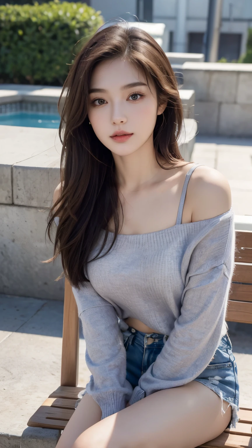 individual,young girl,23 years old, ((winter clothes)),fine hair, Detailed faces, full的身材,long hair,full, Short hair details, sit down,Purple short hot pants, Camisoles,Look up