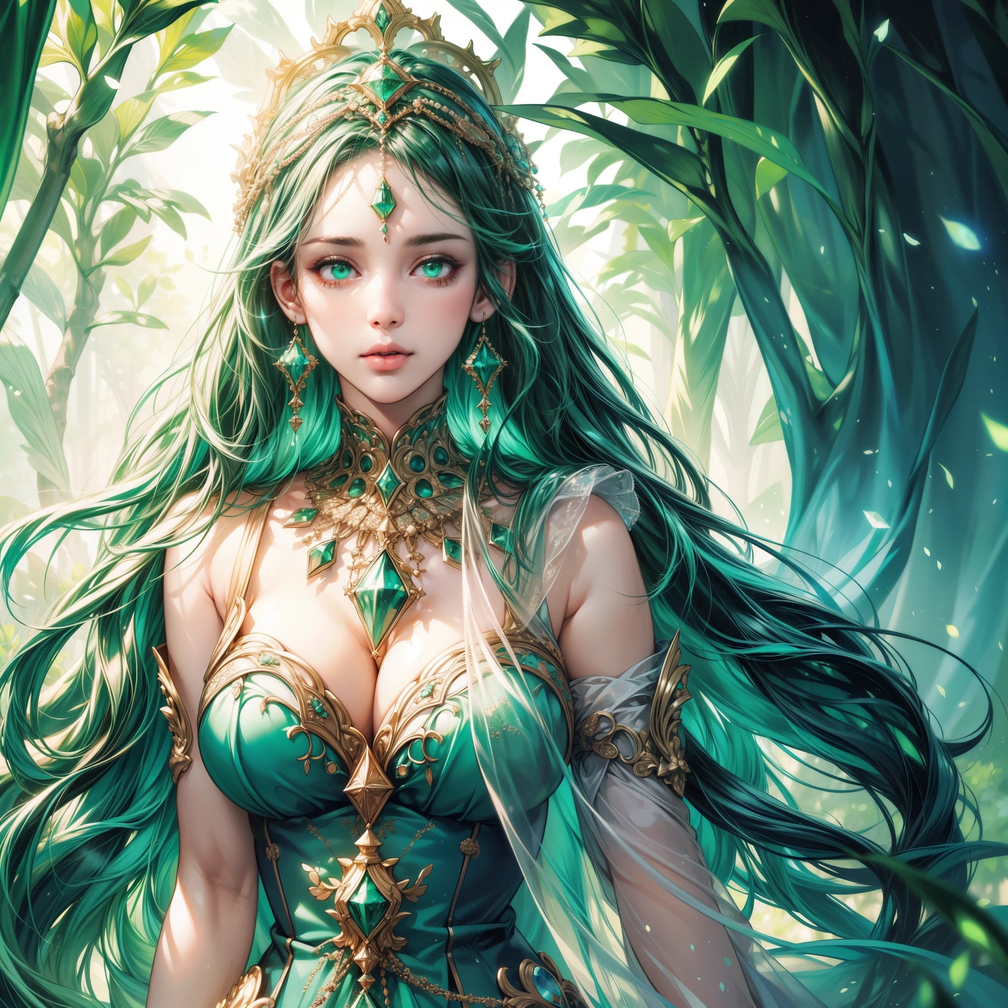 divine beautiful dlyad girl, long green hair, large breasts, fantasy, she is holding a cigarette, excellent lighting, excellent anatomy, leaves, weeds, fantasy card game frame, psychedelic, psychedelic delusion, 2d Gauche hand drawn painting, masterpiece 