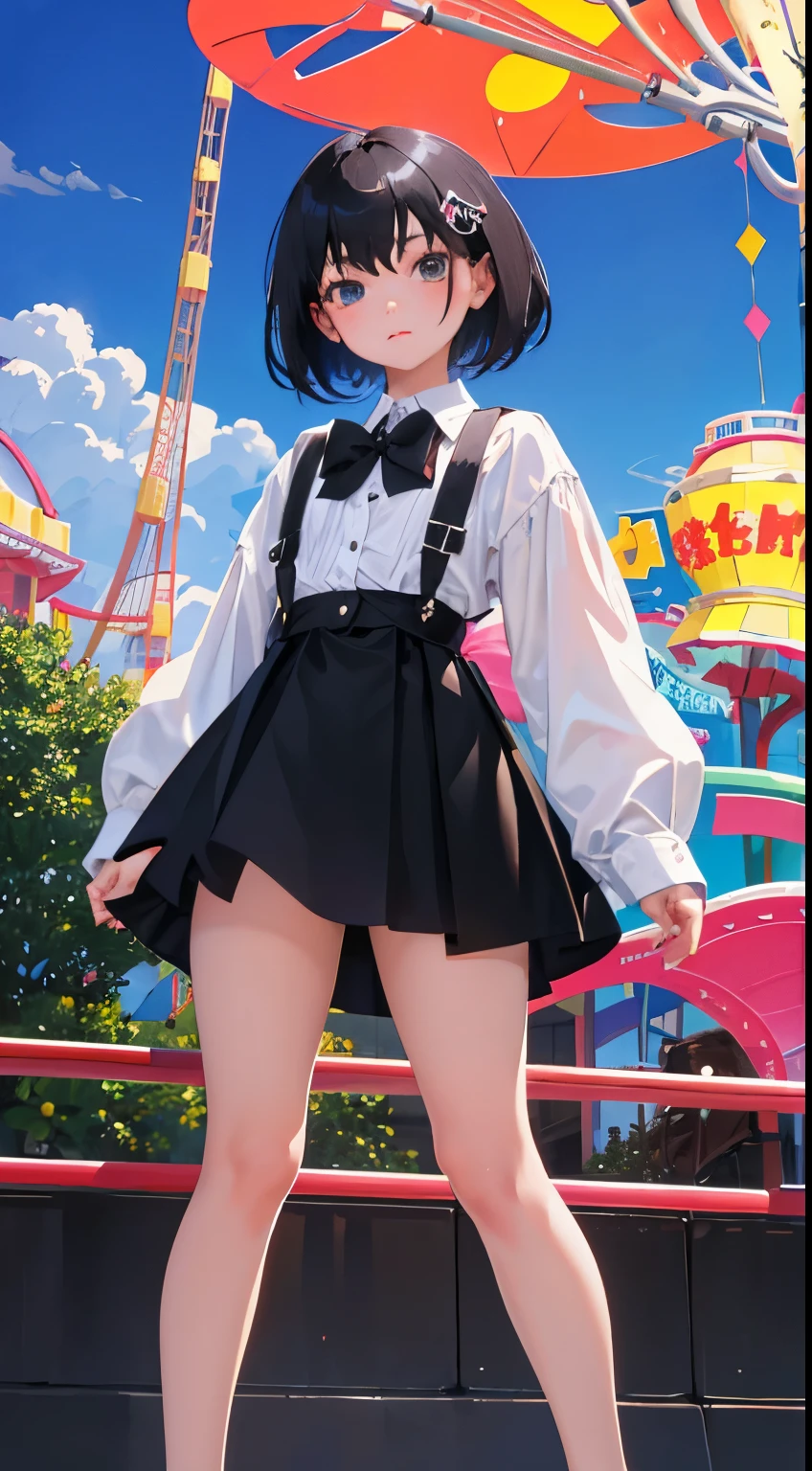 amusement park,(short cute girl, young studeg delicate girl),(masterpiece,Top quality),mini skirt,black hair