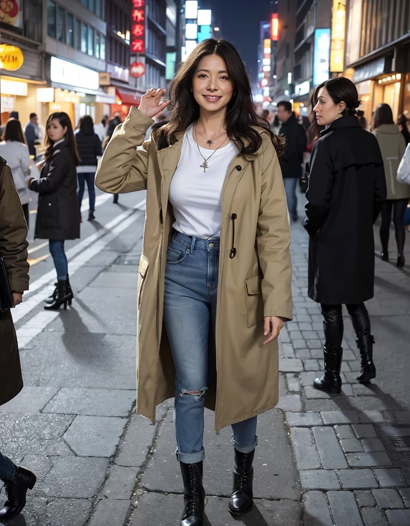 masterpiece, best quality, 16K, city, old woman, glad, smiling, standing, looking at viewer, front view, long hair, wave hair, black hair, eyes open, (large breasts:1.28), (wrinkles corners eyes:1.48), (nasolabial:1.48), (old skin:1.48), wrinkles skin, freckled skin, pale skin, (old muscles:1.2), slender, ((khaki parka)), (white t-shirt), (jeans), (piercing), (necklace), (lblack ong boots), freckles, old, middle-aged, japanese, outside, in the city, at night, nsfw, full body shot, from behind