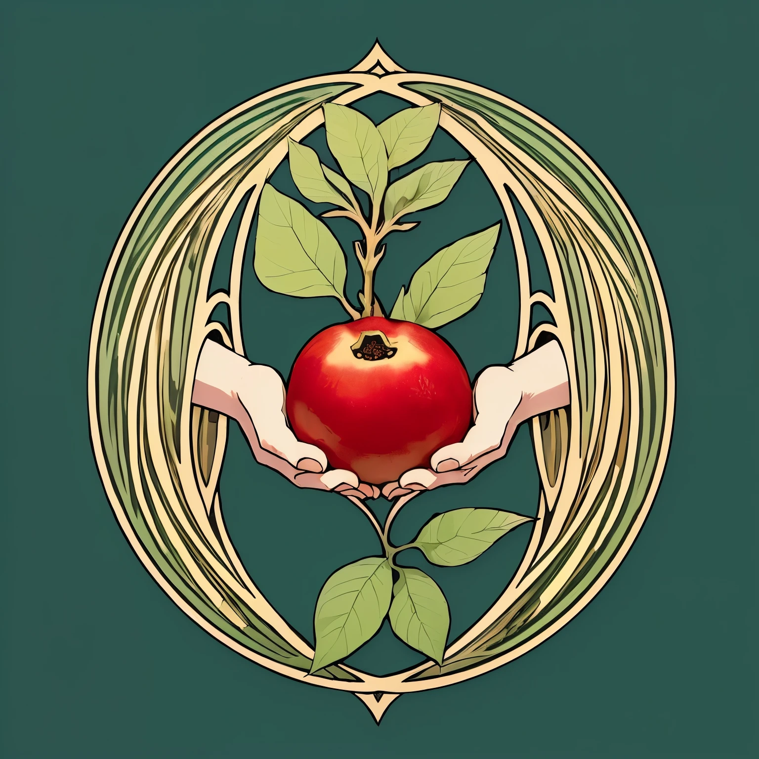 There is a photo,一个人拿着一个红pomegranate, pomegranate裂开,露出pomegranate籽,Full color illustration, Art Nouveau illustration, Full color digital illustration, Art Nouveau botanicals, ( Art Nouveau ), (Art Nouveau), Art Nouveau alien botanicals, 一个人手里拿着pomegranate, in an Art Nouveau style, Inspired by Eugene Grasse, pomegranate, magician