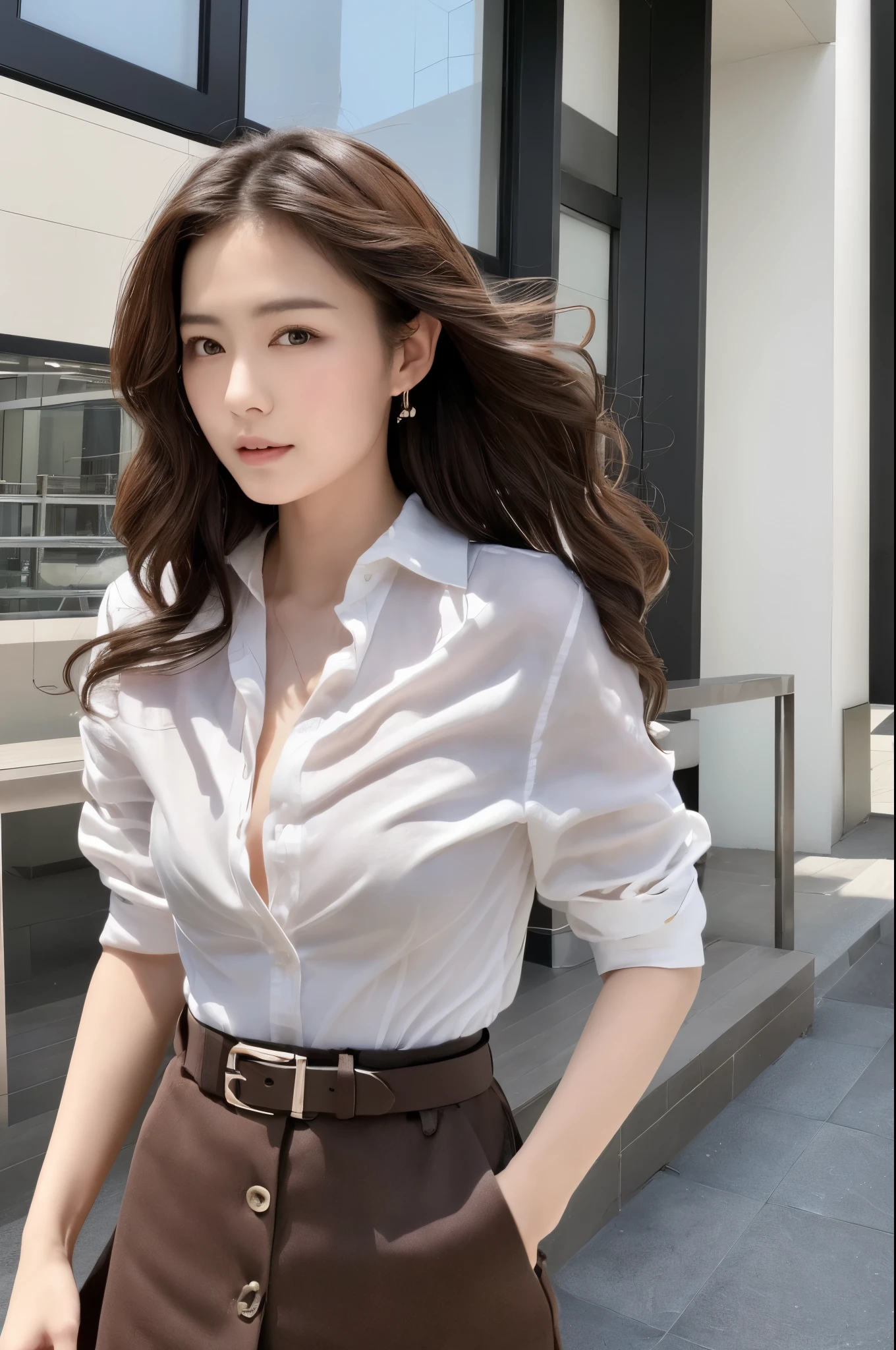 (Best quality, High resolution, Masterpiece :1.3), A Japanese lady, cute face, Slender abs, Dark brown hair styled in loose waves, Small breasts, Very thin waist, Wearing pendant, White button up shirt, Belt, Black skirt, (Modern architecture in background), Details exquisitely rendered in the face and skin texture, Detailed eyes, Double eyelid