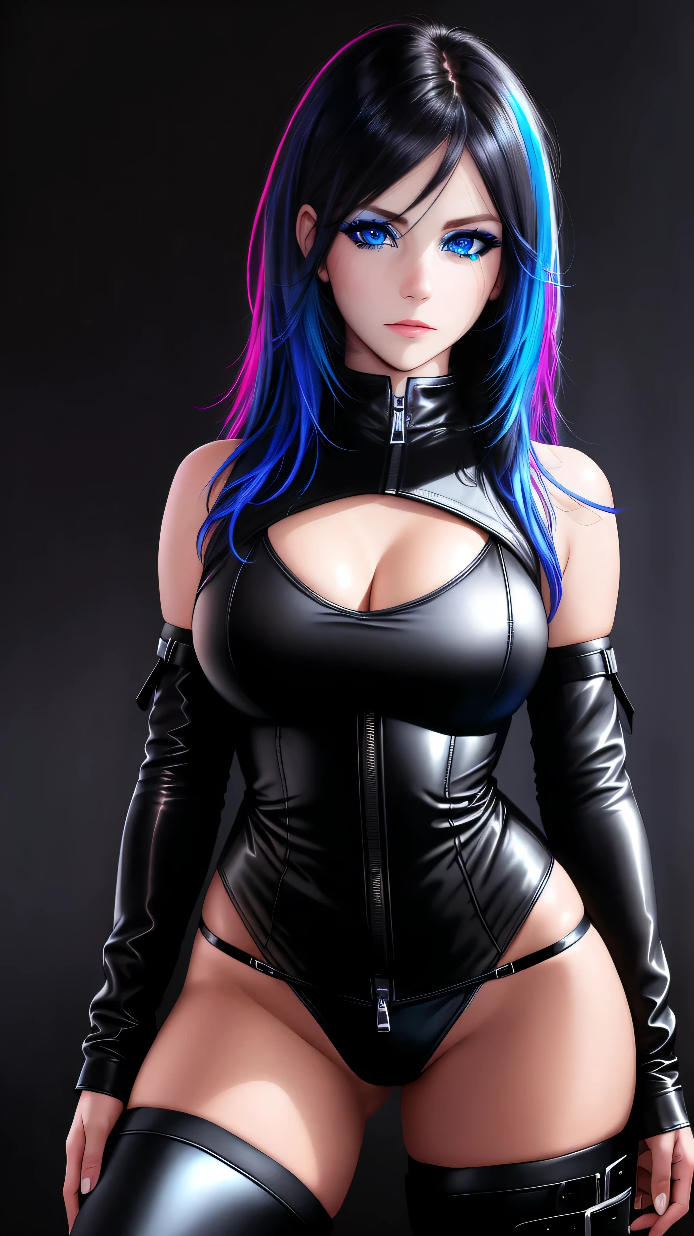 beautiful girl, full body, bright blue neon streaked dishevelled hair, ((large light realistic detailed eyes:1.3)), ((seductive pose:1.5)), black eyeshadow, (street style wear:1.2), ((tight fitted panties)), ((thigh high leather boots:1.3)), ((dark plain black background:1.4)), dark makeup, digital art, trending on artstation, highly detailed, fine detail, intricate, beautiful detailed glow, detailed, Cinematic light, high-res, detailed facial features, sharp focus, smooth, aesthetic,