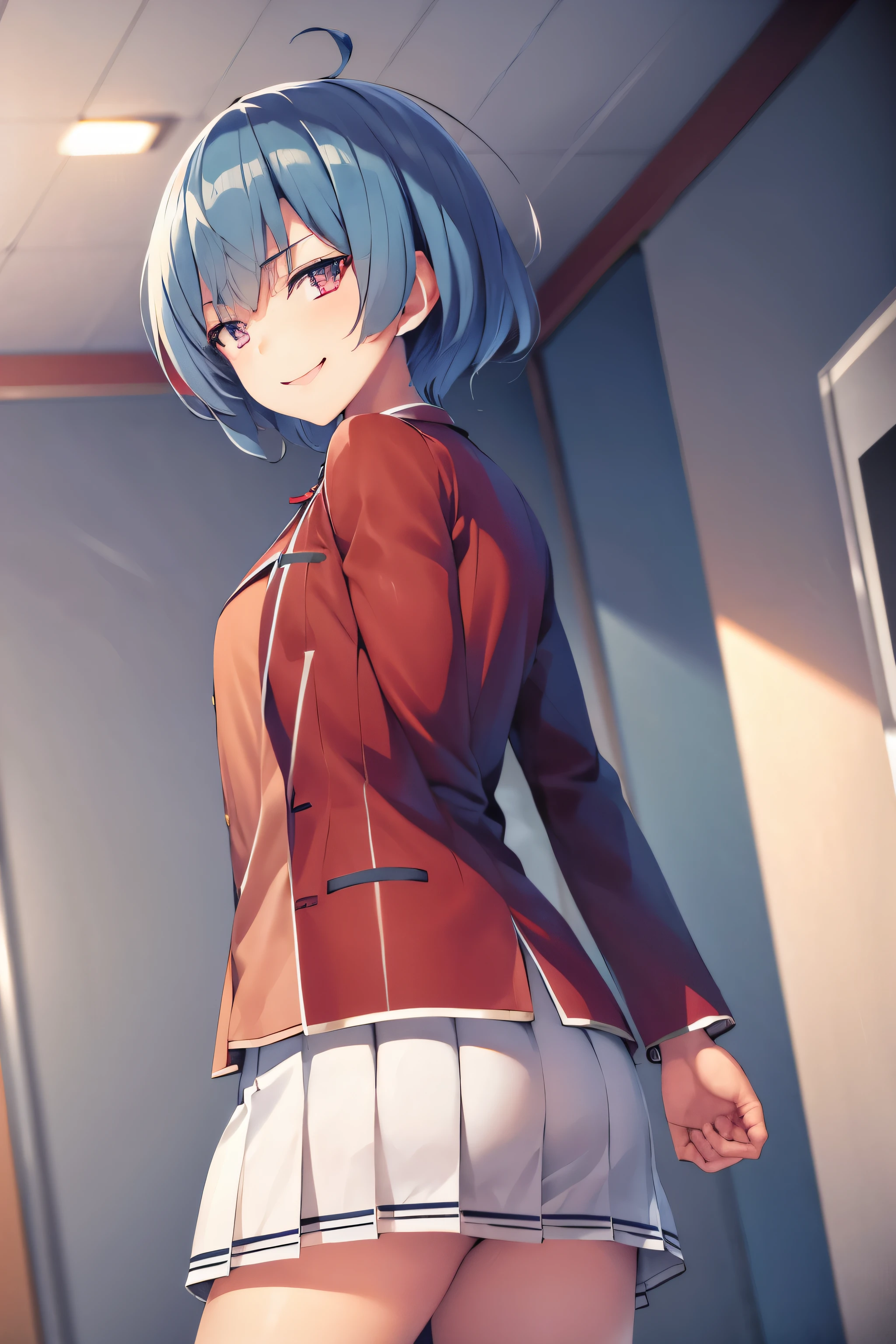 masterpiece, best quality, highres, 1girl ibuki mio short hair blue hair, white skirt red jacket open jacket smile, standing, indoors, from behind