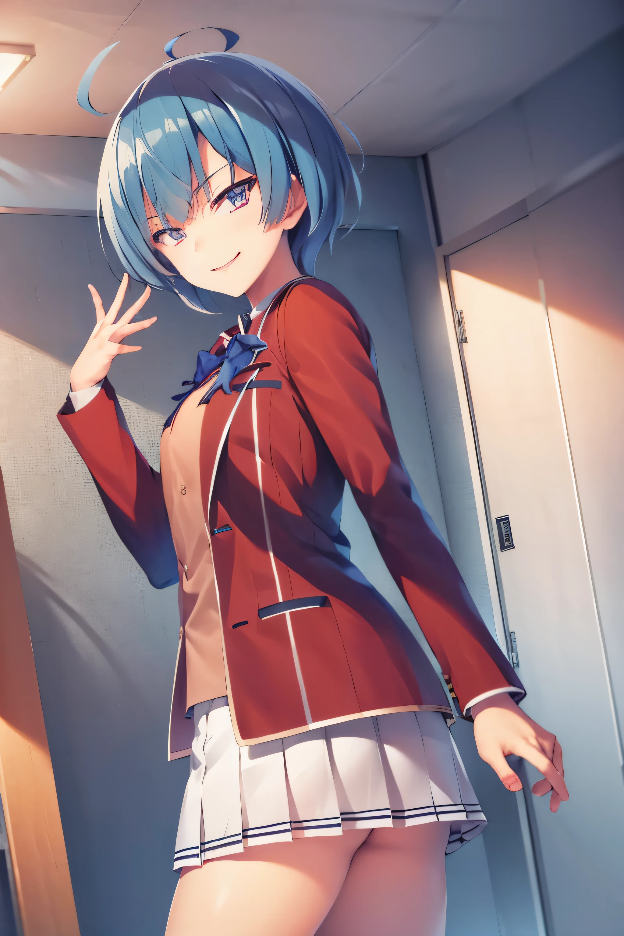 masterpiece, best quality, highres, 1girl ibuki mio short hair blue hair, white skirt red jacket open jacket smile, standing, indoors, from behind