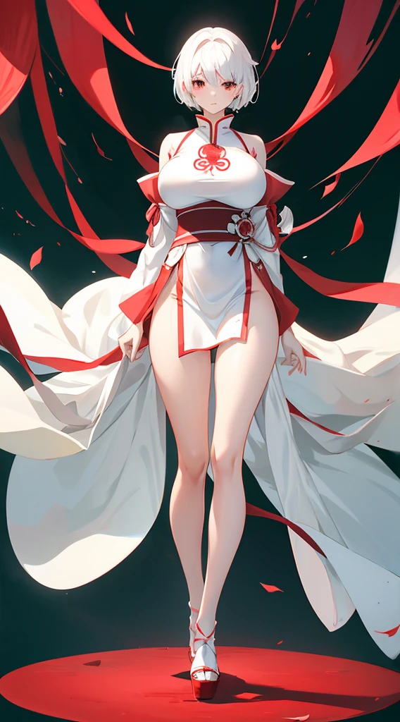 anime girl,a girl，white short hair，Red and white Hanfu，Thighs leaking，High heel，huge breasts，thin waist，Perfect body，standing posture，full-body shot，White background