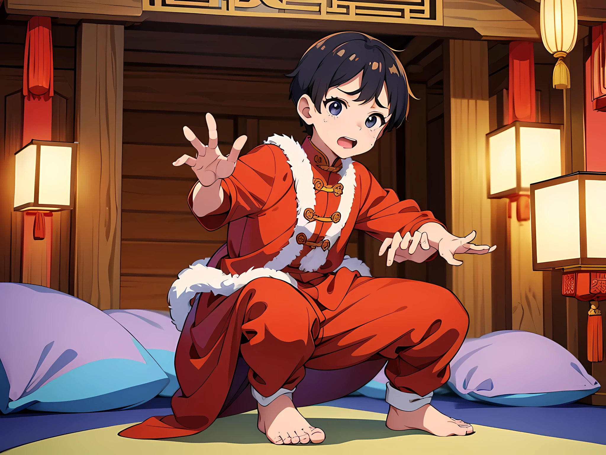 a baby(boy), wearing chinese outfit, crying on crib, full body illustration
