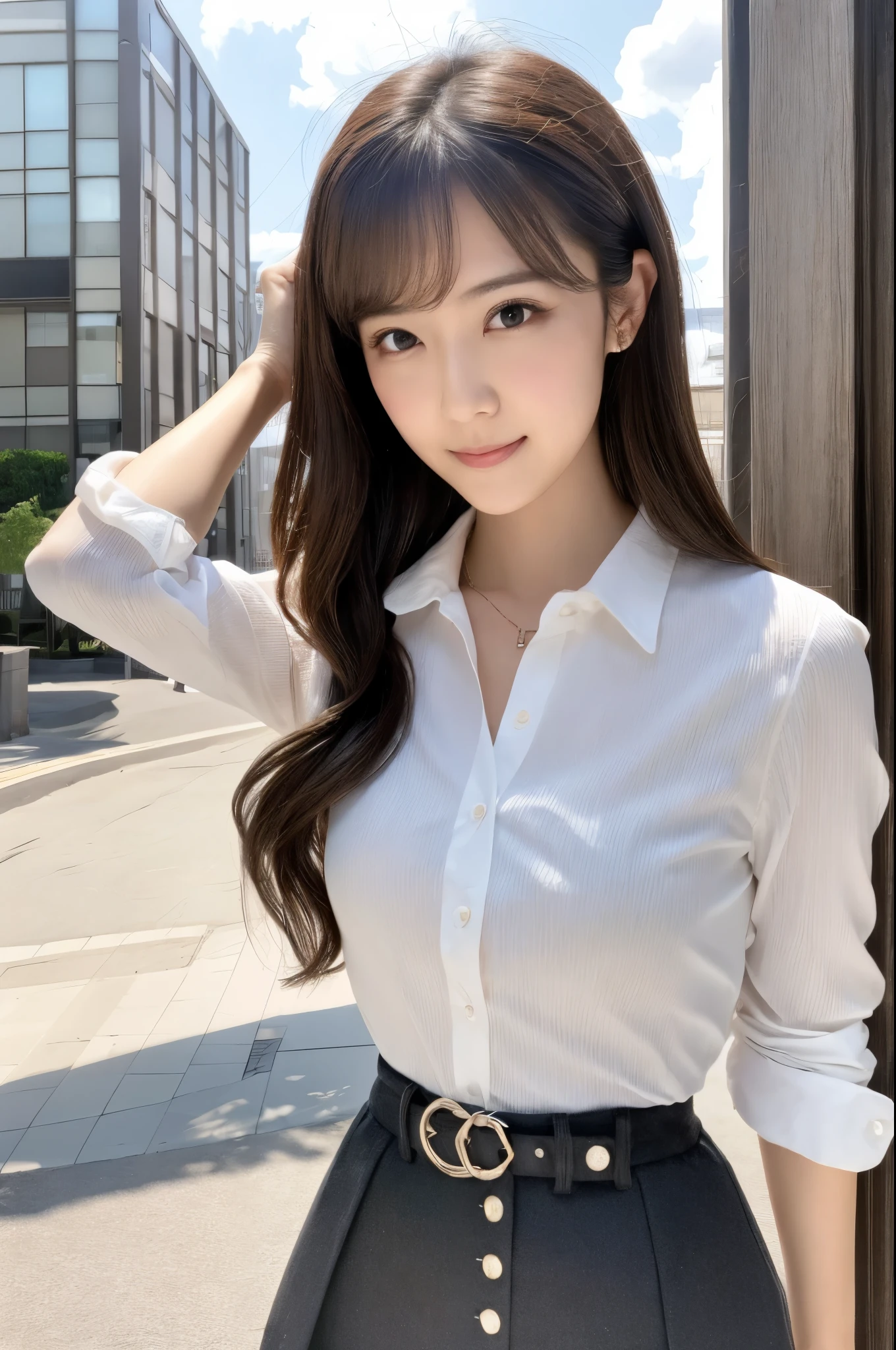 (Best quality, High resolution, Masterpiece :1.3), A Japanese lady, cute face, Slender abs, Dark brown hair styled in loose waves, Small breasts, Very thin waist, Wearing pendant, White button up shirt, Belt, Black skirt, (Modern architecture in background), Details exquisitely rendered in the face and skin texture, Detailed eyes, Double eyelid