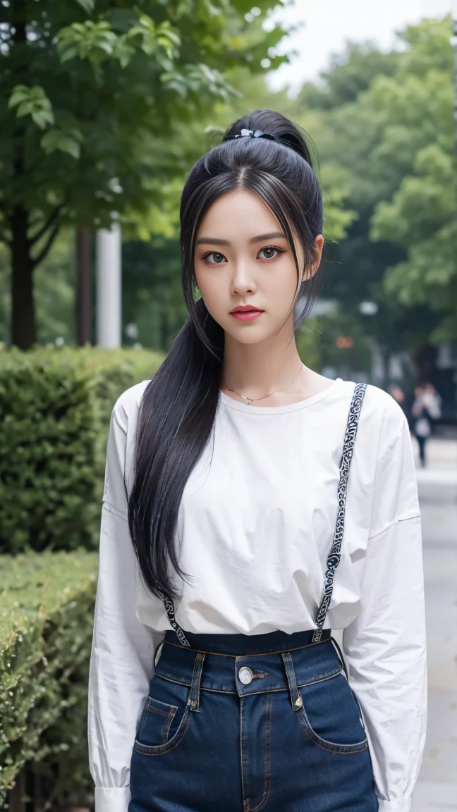 1girl, solo, long_hair, looking_at_viewer, blue_eyes, black_hair, hair_ornament, long_sleeves, closed_mouth, upper_body, ponytail, pants, sash, denim