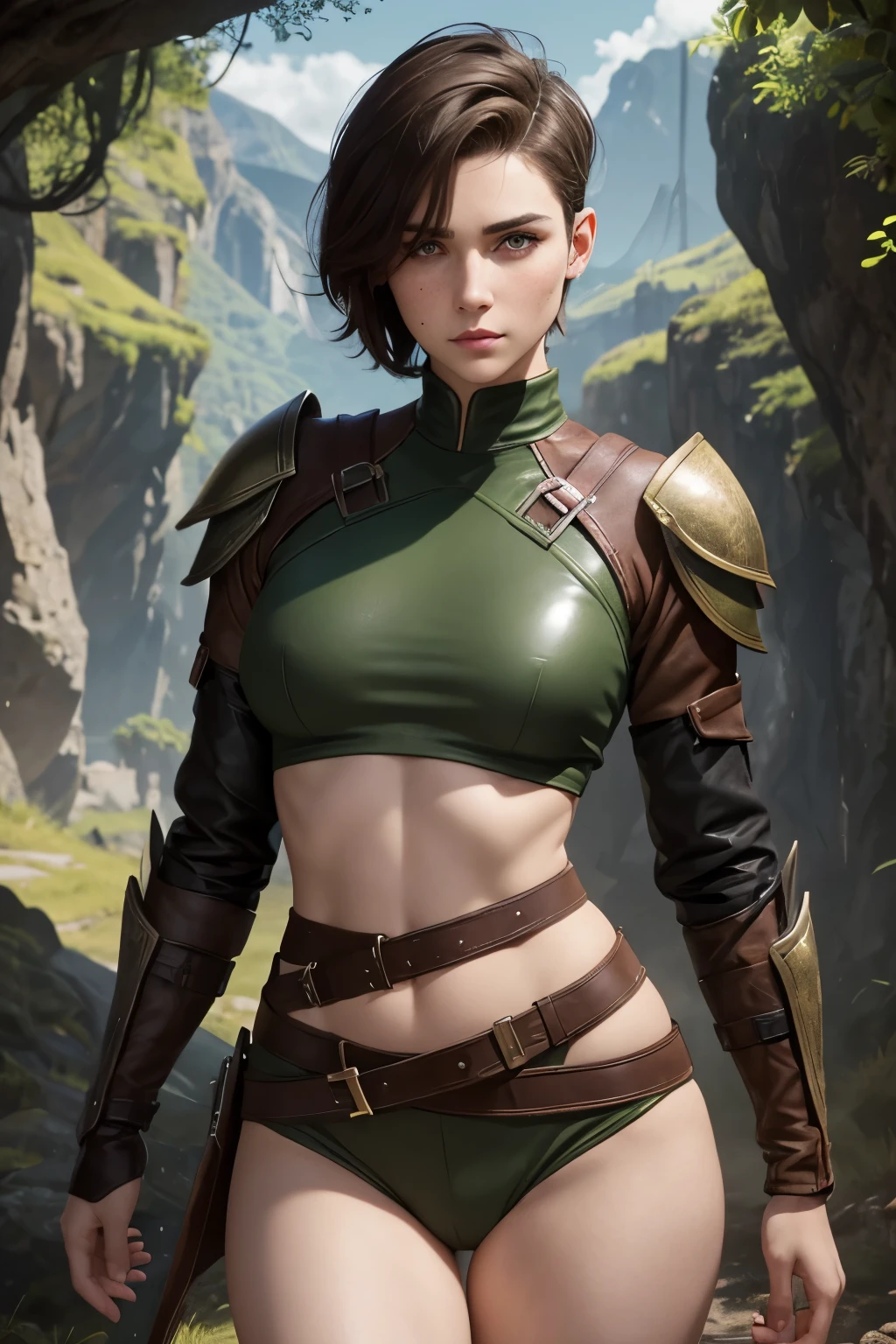 An androgynous female ranger with a undercut. Slim body. Very pale skin. Face with a lot of freckles and liverspots. Body und skin with liverspots. Extremly short hair. Dark-brown haircolour. Manly short hairfcut. Undercut. Soft facial features. Round face. Long forehead. Very bright barley visible eyebrows. Upturned eyes. Dark-brown eyecolour. Long wide nose. Curved lips. Round chin. Round chin. Long neck. . Small breasts. Wide hips. Thick legs. Long legs. Kind. Friendly. Tomboyish. Soft. Androgynous. Wearing: a tight green and brown leather armor. Background: Bright and colourful landscape with mountains and forests.