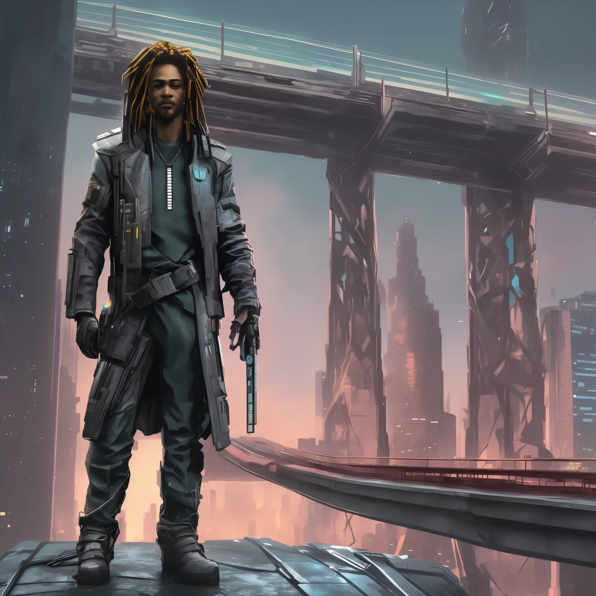 there is a man standing on a platform in a sci - fi city, cyberpunk character art, cyberpunk digital painting, african cyberpunk wizards, cyberpunk 2 0 7 7 character art, in front of a sci fi cityscape, cyberpunk character, cargo pants. cyberpunk city, cyberpunk character design, cyberpunk concept art, cyberpunk digital art, master chief in cyberpunk city, cyberpunk themed art