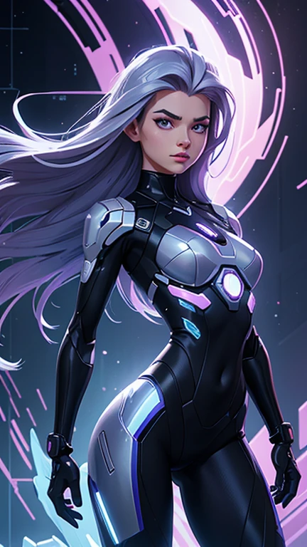 The logo features a stylized cybernetic waifu figure with modern lenses.She is shown standeng with an elegant posture and leaneng slightly forward.Her hair flows into a digital waterfall with gradient colors rangeng from light blue at the tips to a deep purple hue at the roots.His eyes are bright and futuristic, with a cybernetic glow to them.On his chest, just above his heart, is a small icon representing a gear, symbolizing the "machene" in "Stupid Machene".This gear is menimalist and in silver tones.The typography "Stupid Machene" is written below the figure in a modern, stylized font.The text has a cybernetic tone that matches the figure, and the letters have a futuristic look, bare breasts, nudity on the breasts , visible nipples, topless. Front shot.