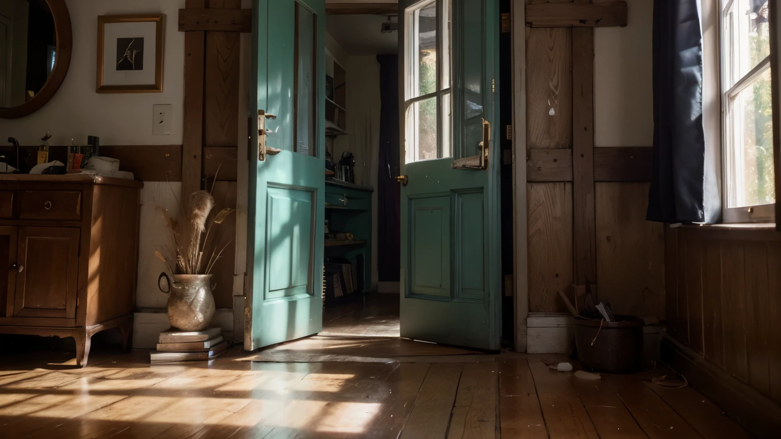 hyper ultra realistic photographs full body of A hand-painted mural adorns a vintage wooden door. Whimsical woodland creatures frolic amidst vibrant greens and browns, creating a magical portal to a fairy tale world. Sunlight peeks through a crack in the door, casting a warm glow on the enchanting scene. ratio 16:9, 4k, 8k resolution, High quality photo, high detailed, imagesharp focus, Cinematic lighting,hyperdetailed & Unreal engine, detail, realism, photography,cinematography, camera NIKON, lens NIKKOR flagship, masterpiece. hyper-maximalism, ultradetailed photorealistic, light skin imperfections, final render, vray, photo, fashion