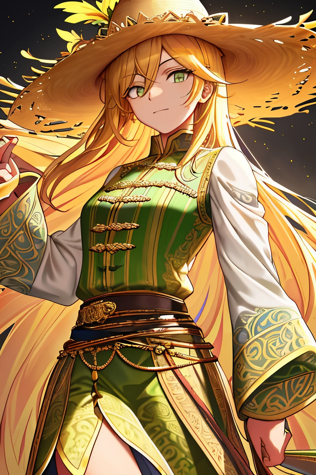 Draw three intricately detailed figures standing in distinct directions, each with unique characteristics.
1. The first figure is a young man with long, luminous yellow hair cascading down to his waist. He dons a medieval-style short and narrow yellow-green shirt, fashioned with exquisite detail and intricate patterns. The shirt contrasts beautifully with his brown-green loose pants, held up by a thick brown belt. Atop his head sits a tall, golden straw hat, adorned with intricate designs. His eyes gleam with intelligence and youthful curiosity as he listens intently to the others.
2. The second figure is a woman whose appearance evokes the mythical goddess