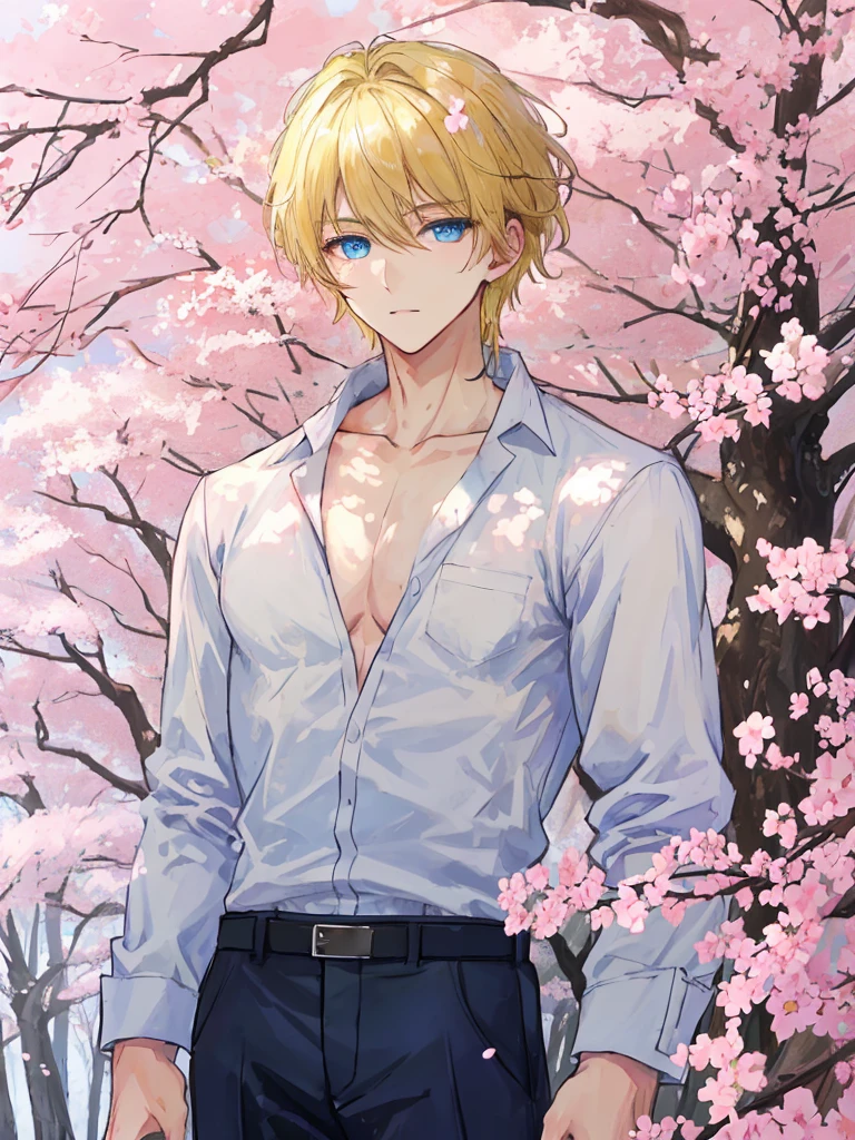 a handsome man,adult,blonde,blue eyes,clavicle,shirt,long trousers,Cherry blossom forest,(masterpiece),(highest quality),