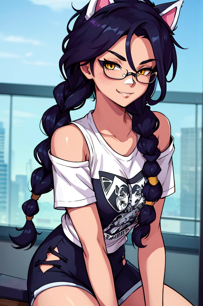 Erisa, 1girl, solo, long hair, looking at viewer, black hair, bandaid on face, yellow eyes, animal ears, smile, bandaid on nose, braid, cat ears, bandaid, bangs, breasts, fake animal ears, simple background, fang, bare shoulders, scar, teeth, shirt, tight shirt, bare shoulders, black shirt, short sleeves, closed mouth, t-shirt, hair over one eye, night city view, portrait, hair over shoulder, shorts, skin tight shirt, tight shorts, butt, legs, glasses, seductive, realistic, best quality, masterpiece, ultra detail, ultra high res, extreme detail, 8k, uhd