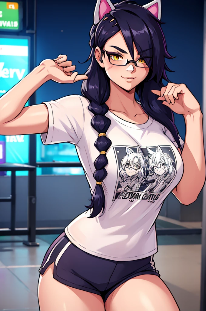 Erisa, 1girl, solo, long hair, looking at viewer, black hair, bandaid on face, yellow eyes, animal ears, smile, bandaid on nose, braid, cat ears, bandaid, bangs, breasts, fake animal ears, simple background, fang, bare shoulders, scar, teeth, shirt, tight shirt, bare shoulders, black shirt, short sleeves, closed mouth, t-shirt, hair over one eye, night city view, portrait, hair over shoulder, shorts, skin tight shirt, tight shorts, butt, legs, glasses, seductive, realistic, best quality, masterpiece, ultra detail, ultra high res, extreme detail, 8k, uhd