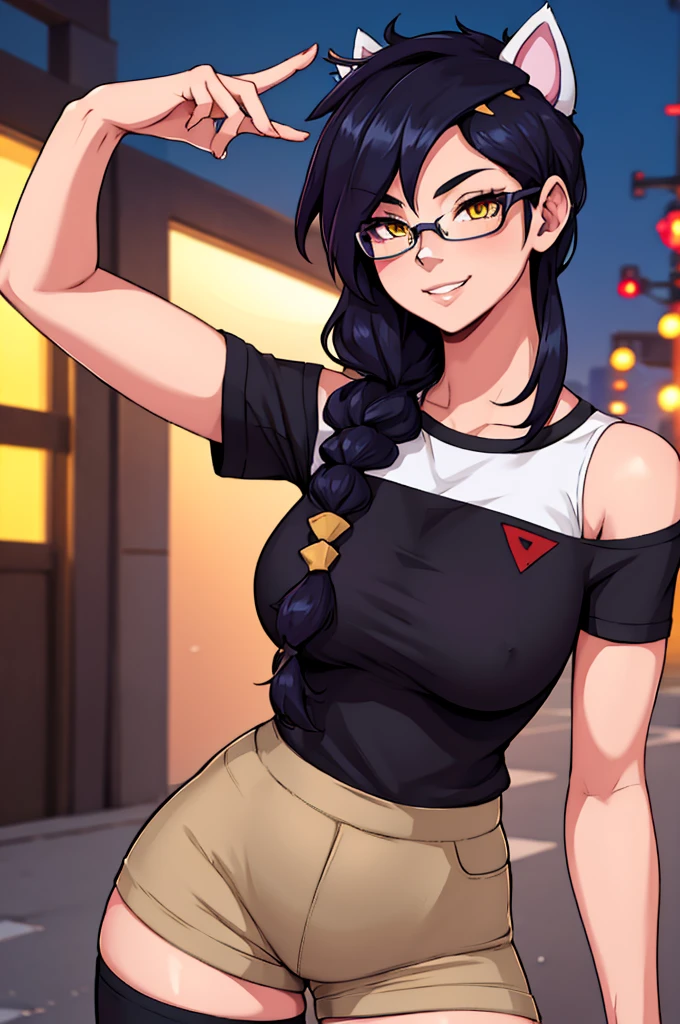 Erisa, 1girl, solo, long hair, looking at viewer, black hair, bandaid on face, yellow eyes, animal ears, smile, bandaid on nose, braid, cat ears, bandaid, bangs, breasts, fake animal ears, simple background, fang, bare shoulders, scar, teeth, shirt, tight shirt, bare shoulders, black shirt, short sleeves, closed mouth, t-shirt, hair over one eye, night city view, portrait, hair over shoulder, shorts, skin tight shirt, tight shorts, butt, legs, glasses, seductive, realistic, best quality, masterpiece, ultra detail, ultra high res, extreme detail, 8k, uhd