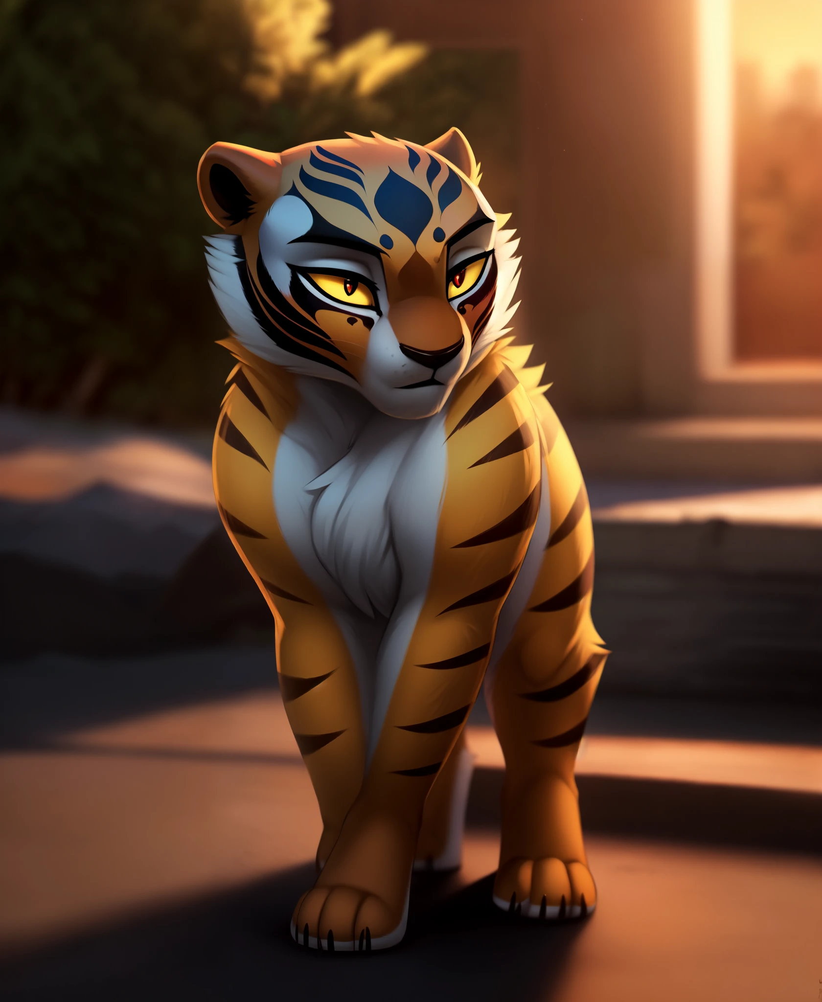 (by kilver), (by canxue), (by yuris (artist)), (by skyline comet), (by pestil),, solo,female (cute:1.1) master tigress, anthro fullbody, anthro full body, detailed background, outdoors, cinematic lighting, animated movie, artistic, 8k hd, photo, photoreal, (detailed fur:1.3) (furr detail, fluffy:1.3), (big detailed red eyes, yellow sclera:1.2),, depth of field,, 