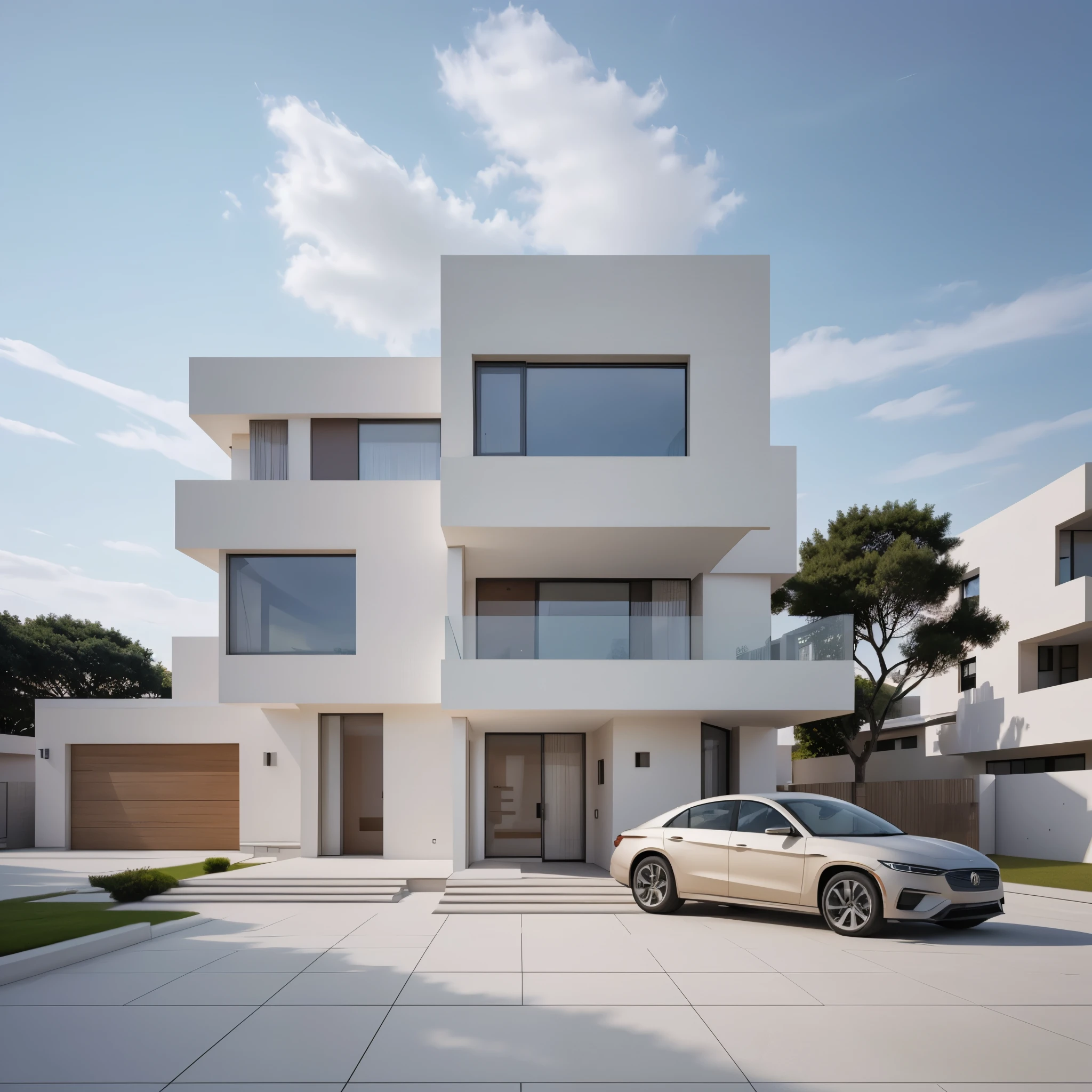 ((masterpiece, best quality)), 8K, Modern architectural style, photorealistic, David Chipperfield, Super detailed photo, single box, 3D digital rendering of a building, Model Thoroughly describes a modern house with minimalist architecture, characterized by the presence of a few strategically placed windows. Located on a street surrounded by high and imposing walls, the house is an example of realist architecture, with every detail - from the texture of the building materials to the reflections of the cars passing by - are meticulously depicted.