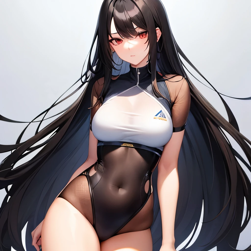 Long black hair, slanted eyes, competitive clothes, see-through
