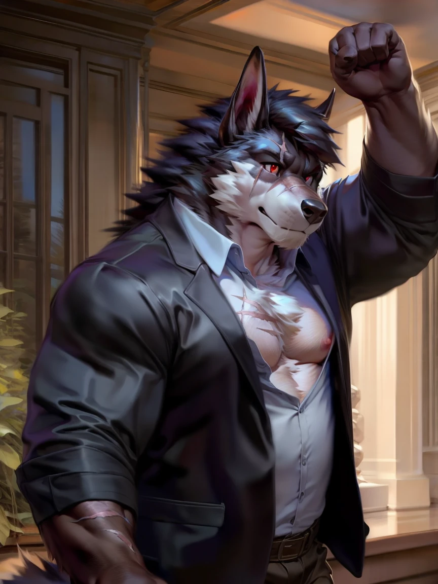 ((best quality)), ((masterpiece)), (detailed), solo, black fur, male, furry, black kitsune, black ears, black shaggy hairstyle, chest fluff, daddy, dilf, mature man, ((scar on left eye)), red eyes, bara, western clothes, pink nipples, western setting, calm atmosphere, dynamic perspective, by null-ghost, by raccoon21, chunie