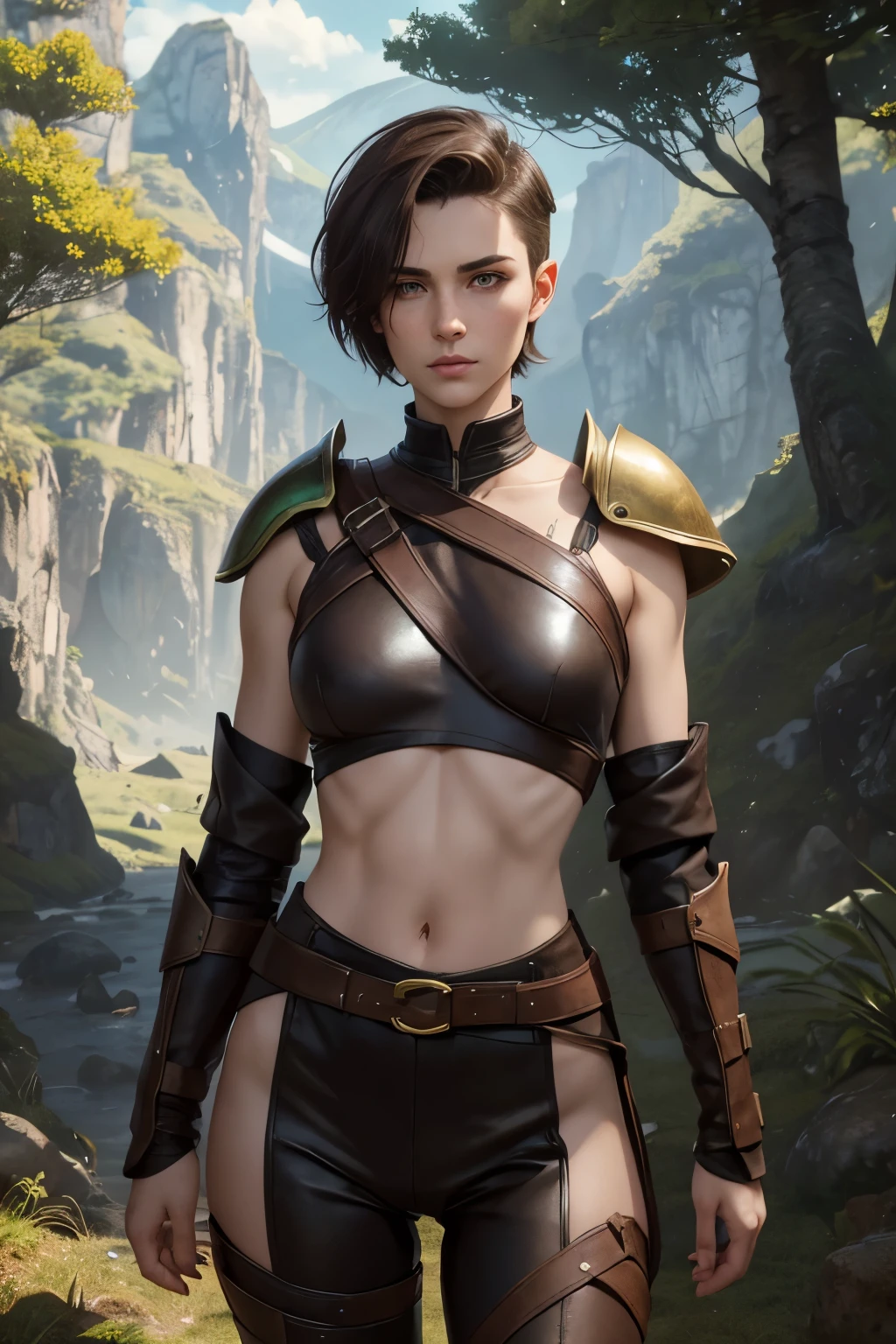 A happy young female rogue with an undercut in a fantasy setting. A rogue. Very androgynous looking. In a good mood. Sympathic. Tomboyish. Androgynous. Slim body. Very . Very small breasts. Wide hips. Thick legs. Face: Extremly pale skin with liverspots and freckles. Soft narrow face with a round chin. Soft small jaw. Big forehead. Very thin barely visible eyebrows. Upturned big dark-brown eyes. Dark-brown eyecolour. Very long and wide nose. Big curved lips. Very short dark-brown hair. A boyish short haircut. Undercut. Sides shaved. Rogue armor. Background: A untammed wilderness with forests, plains and mountains.