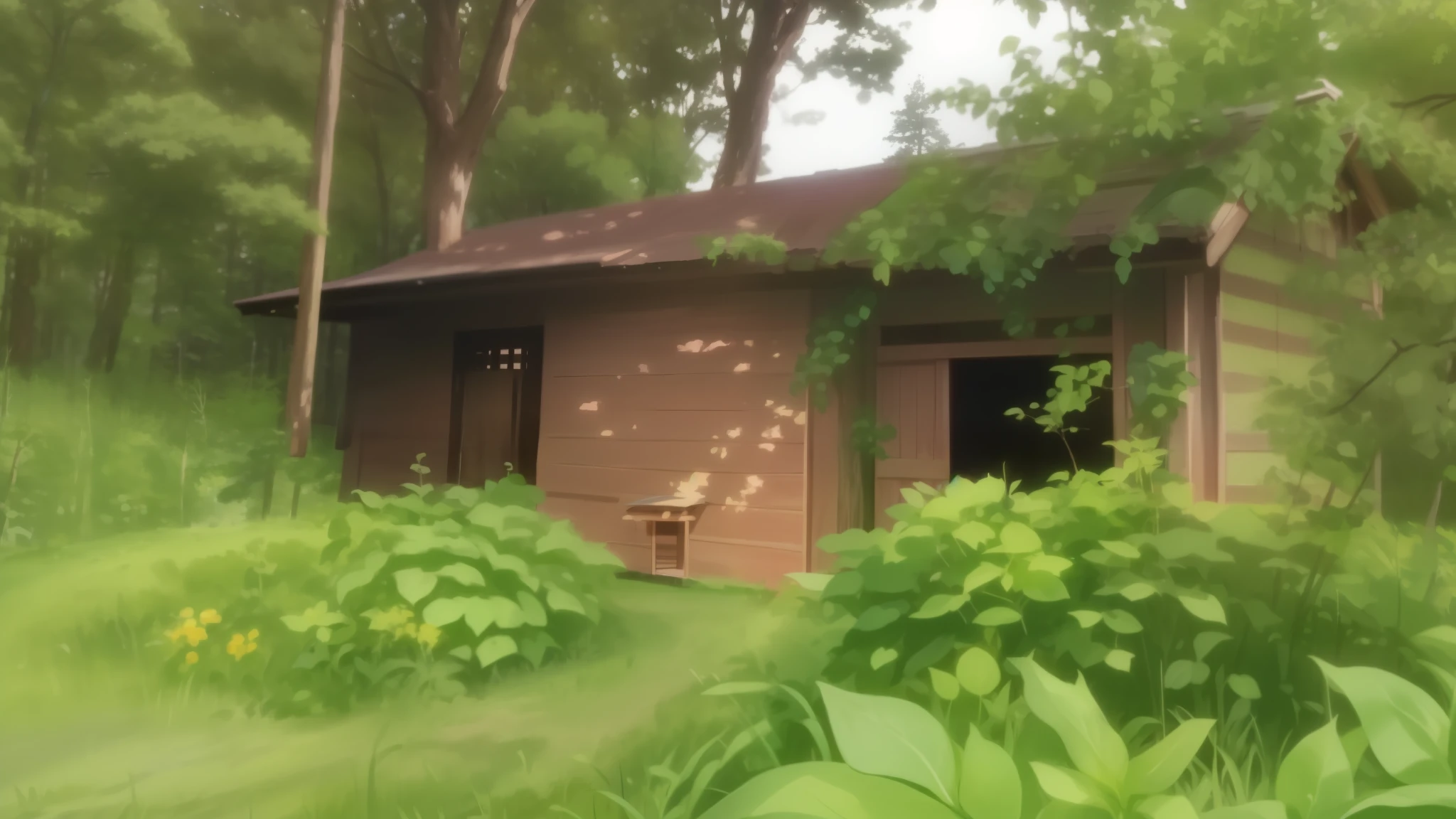 a wooden house, amidst of nature fully covered, anime style art, High quality, 8k, ultra detailed art, 2d art