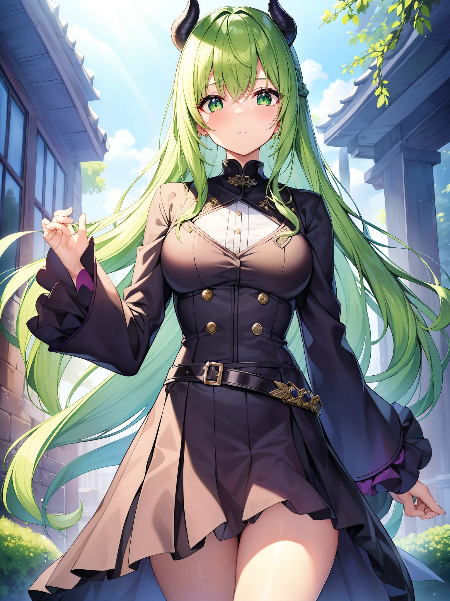 beautiful、(highest quality、masterpiece、Super detailed: 1.5)、perfect lighting、shiny、use、nature、cobblestone、steam、blue sky、far away、whole body、face focus、1 girl、Mitsuri (Demon slayer)、beautiful girl、beautiful顔 ((Mitsuri (demon slayer)))、ネックラインのあるlong sleeved jacket、White haori、Wearing a black skirt with a silver belt and green striped hips、緑とピンクのグラデーションの長い髪とgreen eyesをした女の子、pink hair、green hair、gradient hair、colorful hair、long hair、bangs、Double braid、green eyes、Demon slayer制服、long sleeved jacket、Shirahaori、black skirt、silver belt、green striped thighs、blush、Sweat、real、chest、wide hips、(thick barbell: 0.9)、Decolletage、Are standing、put your hands behind your back、Viewer&#39;s line of sight、erotica