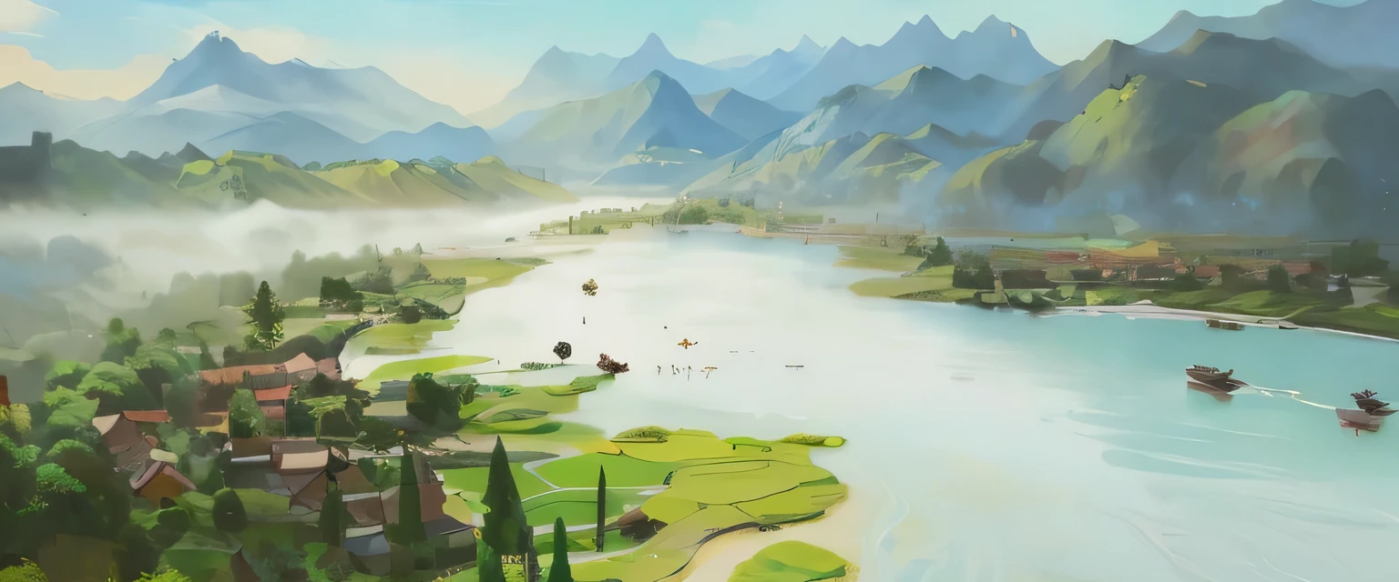 painting of a river with mountains and a village in the background, by Ruan Jia, detailed scenery —width 672, scenery artwork, digital painting concept art, environment design illustration, g liulian art style, by Yang J, by Li Zai, 4k digital painting, 4 k digital painting, landscape illustration, by Huang Shen, by Zou Zhe