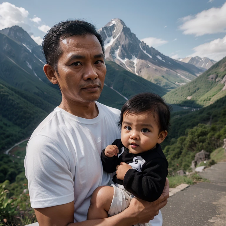 a 50 year old Indonesian man wearing a black jacket and white t-shirt with short black hair holding a cute 5 month old baby boy against a cool mountain background. Realistic real photos, 8K, ultra HD, super sharp.