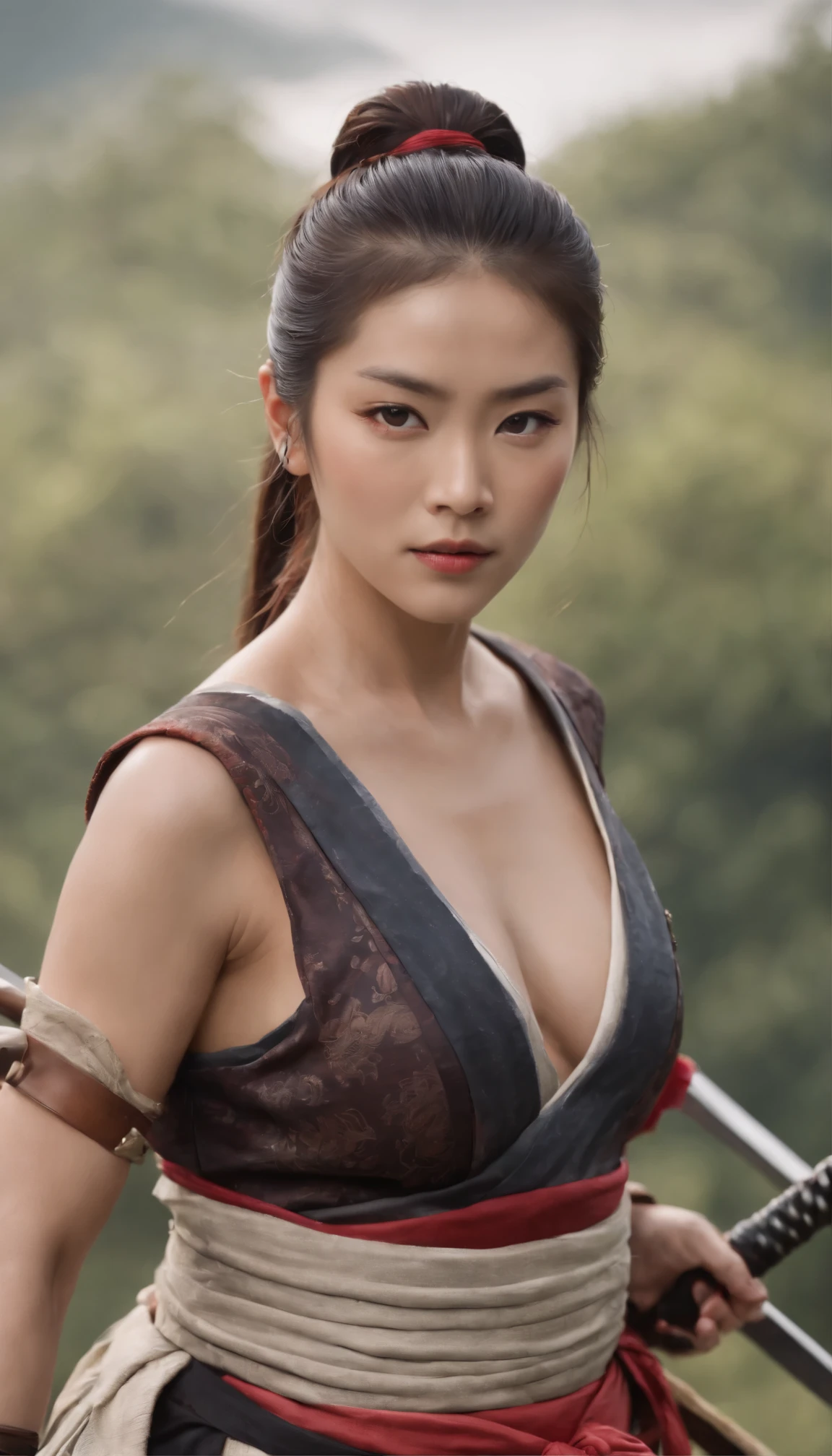 top-quality、Beautiful Japanese woman、Female Samurai 、bikini-armor、Fantasia、full bodyesbian、holds a sword、magnificent view, ponytail hair、