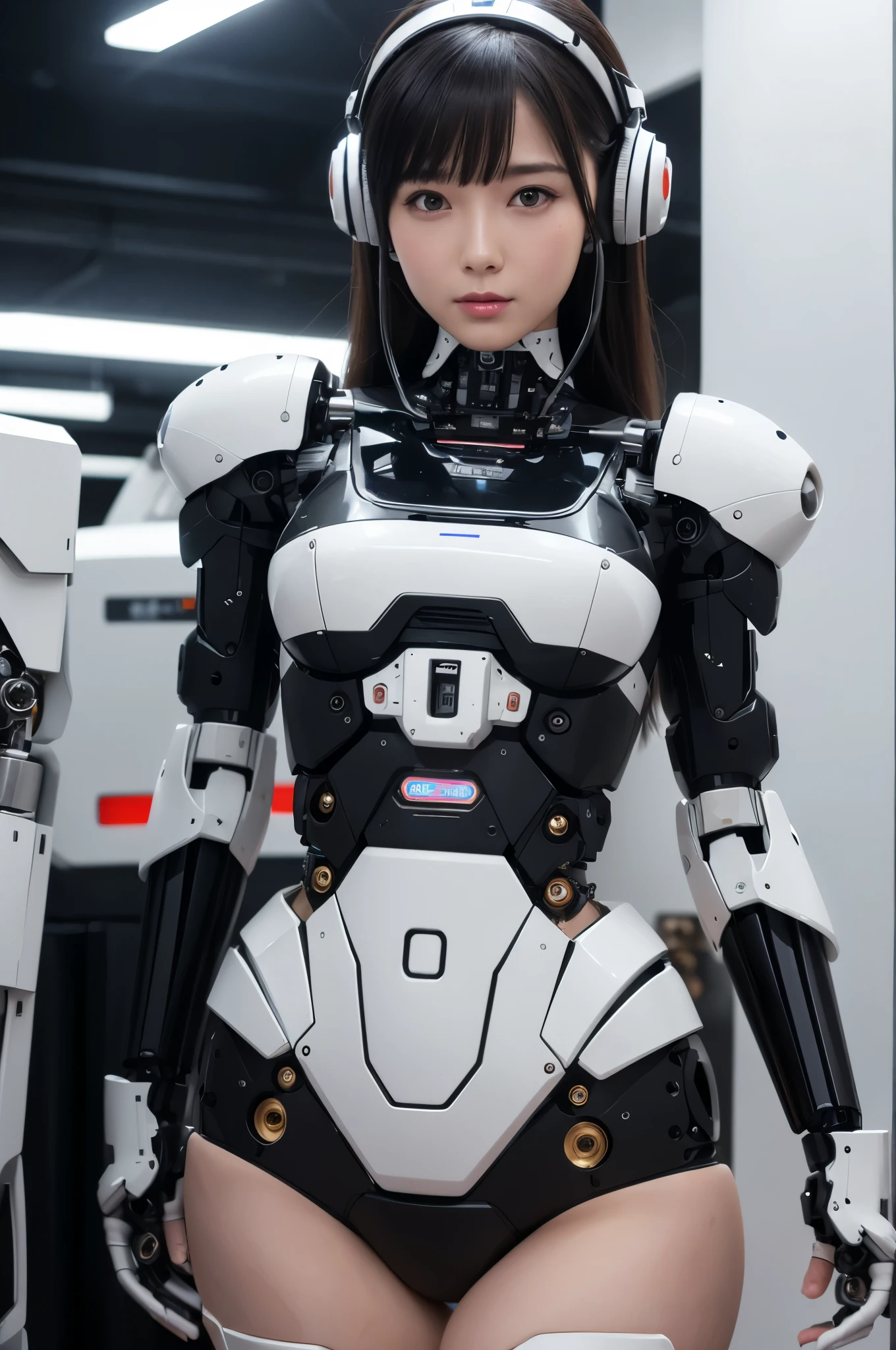 (photorealistic:1.4), (RAW photo)masutepiece, Best Quality, Extremely detailed, (Photorealistic:1.4), (8K, 4K, Best Quality, hight resolution, 超A high resolution:1.1), 8K portrait,1woman in, Japaese android woman,Plump , announcer,control panels,android,Droid,Mechanical Hand, ,Robot arms and legs, Black hair,Mechanical body,Blunt bangs,White Robotics Parts,perfect robot woman,Charging spot,Long Tube,A thick cable was connected to her neck,ceramic body ,Mechanical body, mechanical ear covers,android,robot humanoid,a bit chubby,panty,full eyes,She is exhibits,perfect mechanical body,white robotics body,future laboratory,mechanical ear cover,